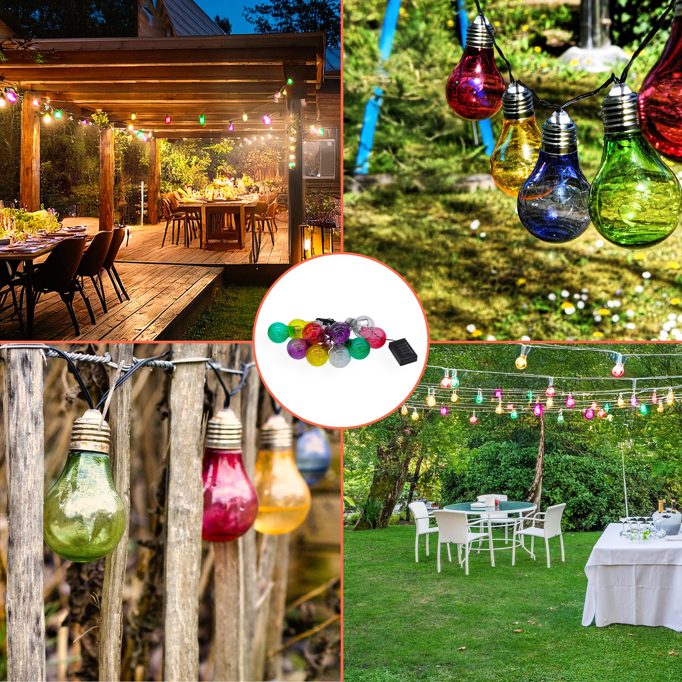 LED Solar Lichterkette mit 10 bunten LED Glühbirnen - 180 cm - Garten Dekobeleuchtung mit farbigen Lampen