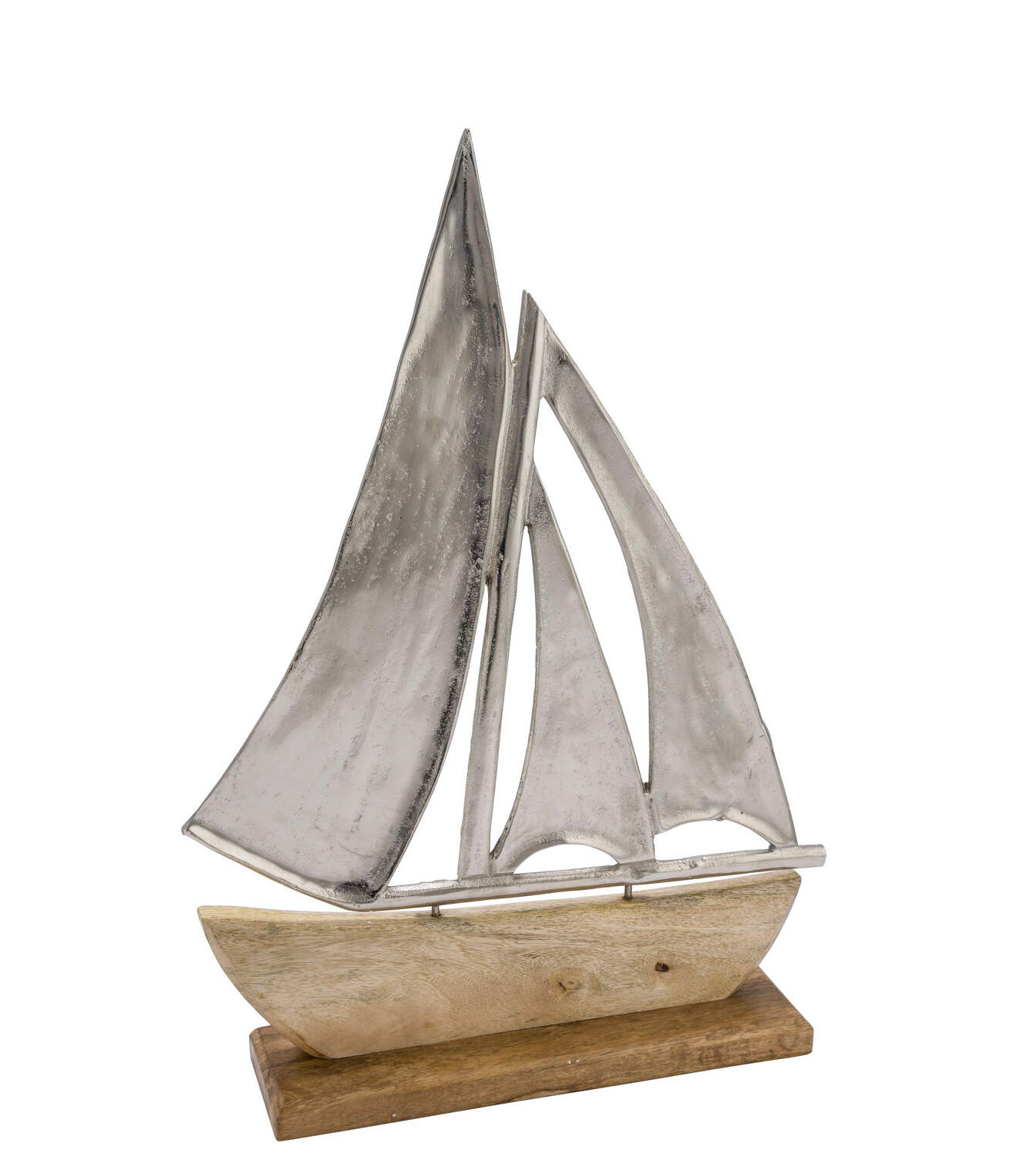 Alu Schiff mit Standfuß aus Mangoholz - 2 Größen - Maritime Küsten Deko Segelschiff Skulptur Tisch Figur Boot Schiff