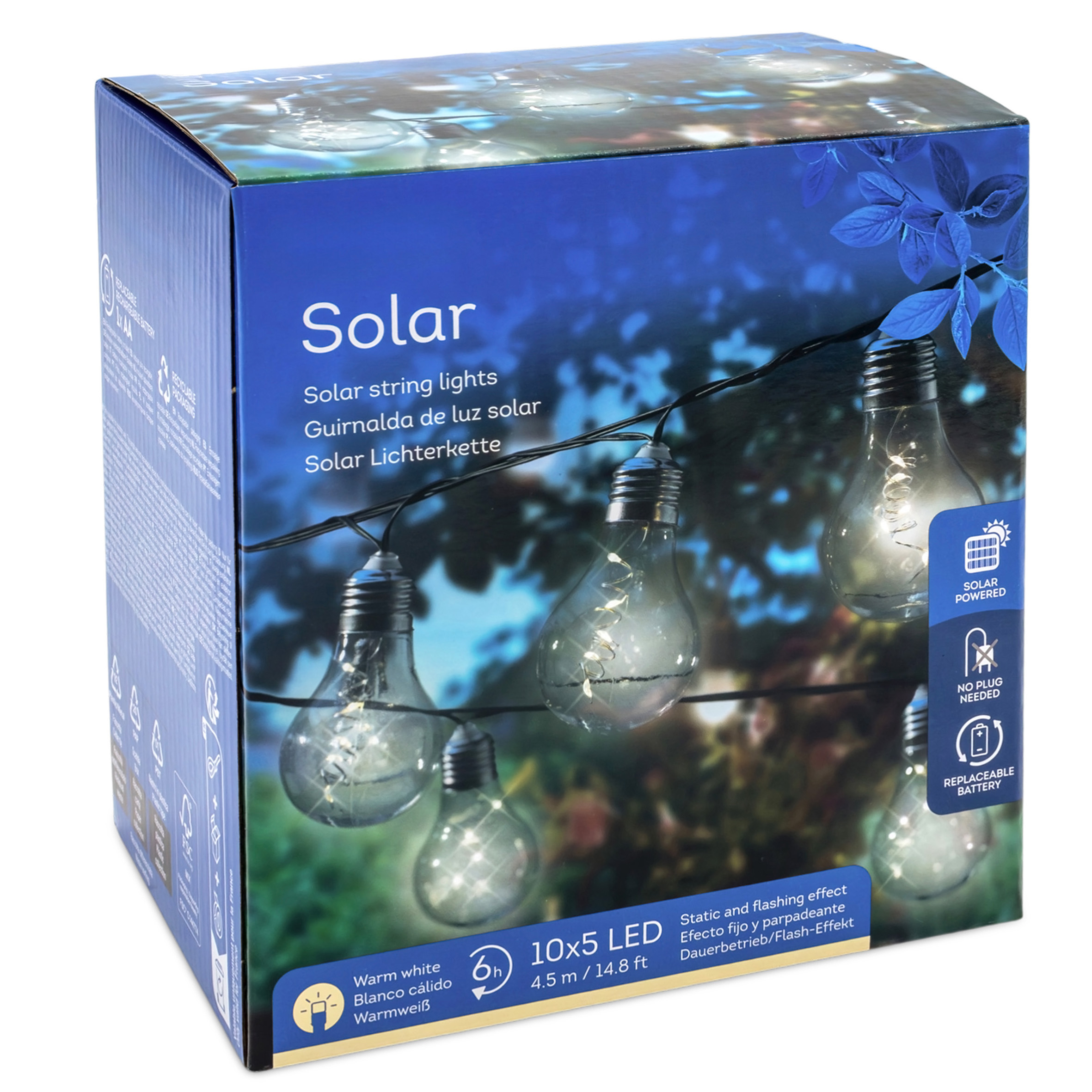 LED Solar Lichterkette mit 10 Glühbirnen auf 450 cm mit 2 Leuchtmodi - warm weiß - Garten Deko Beleuchtung mit transparenten Lampen