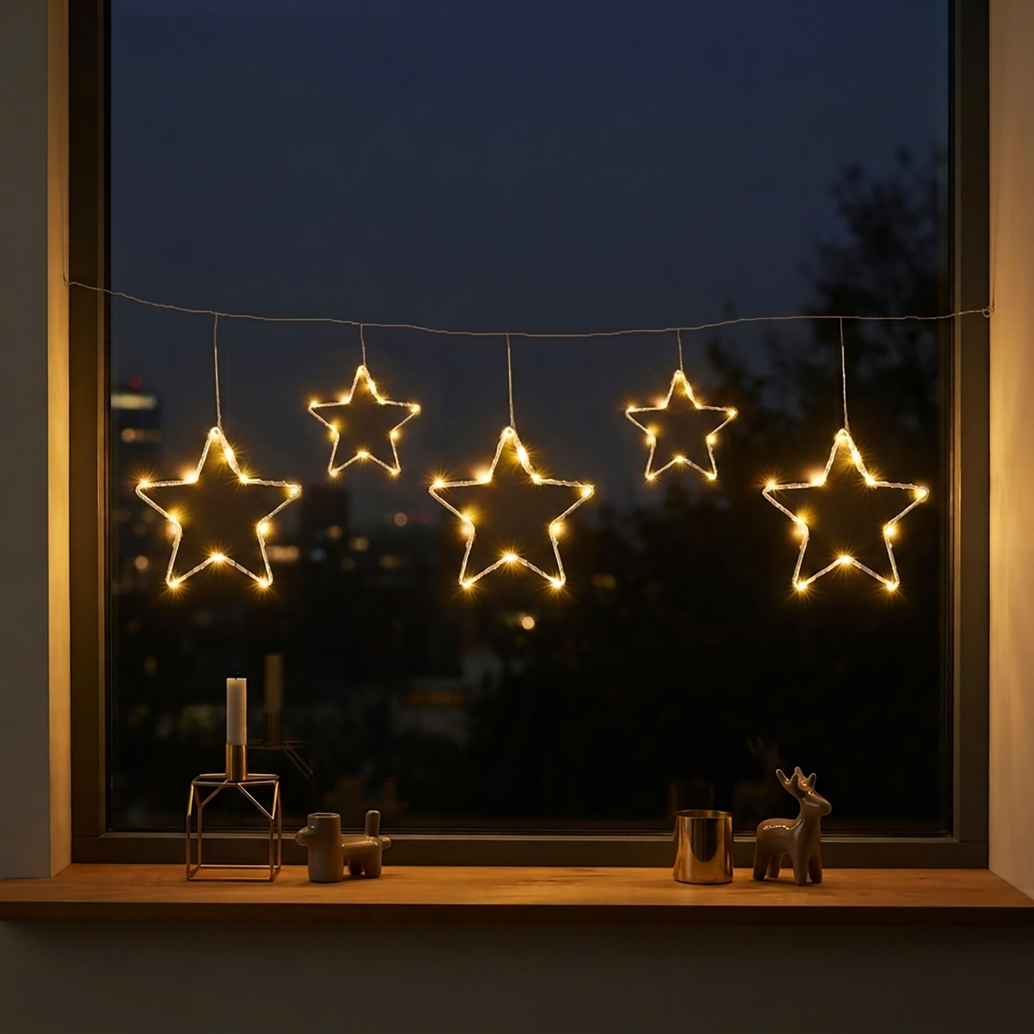 LED Lichtervorhang mit 5 Metall Sternen warm weiß - 120 x 30 cm - Weihnachts Lichterkette mit Timer Funktion