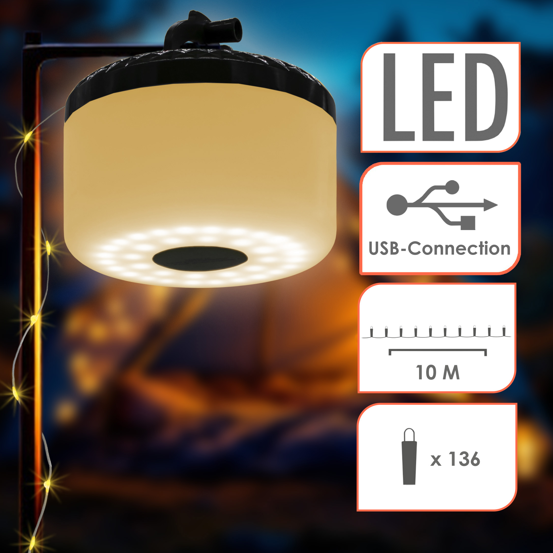 Campinglichterkette 2in1 aufrollbar USB aufladbar - 10 m / 136 LED - Akku Campinglampe warm weiß mit 7 Funktionen