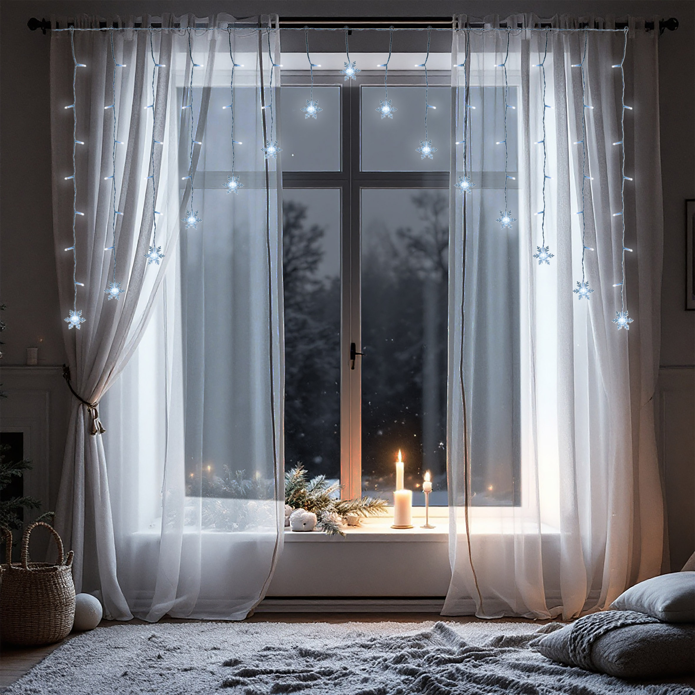 Schneeflocken Lichtervorhang kalt weiß für Innen - 71 LED