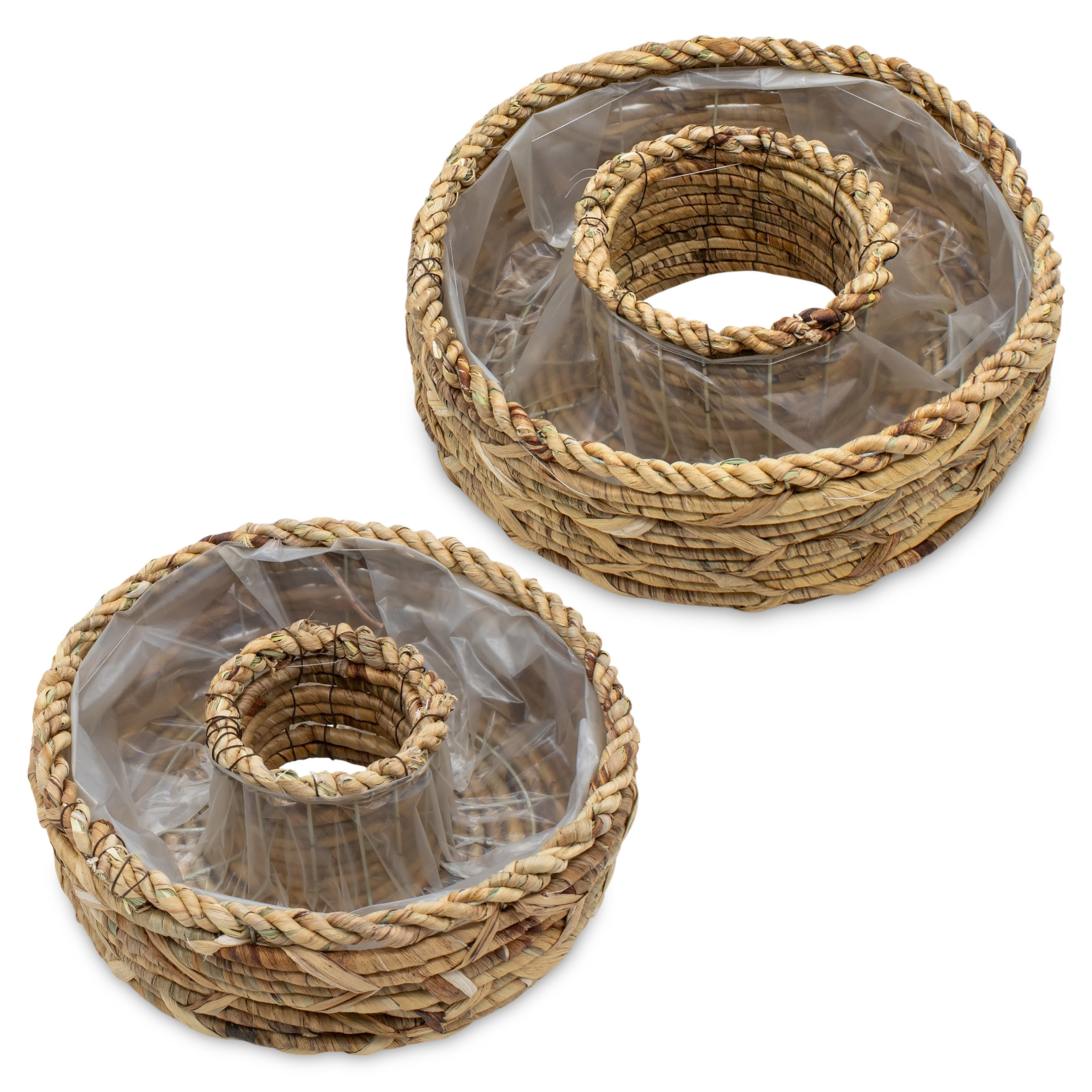 Pflanzring aus Wasserhyazinthe mit Folie 2er Set - 36 / 30 cm - Naturfaser Blumenschale zum direkten Bepflanzen