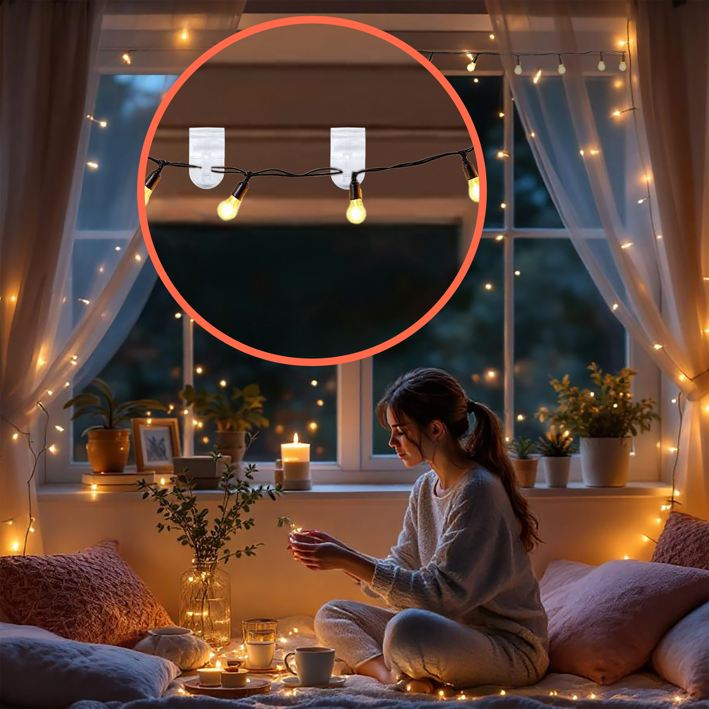 Kunststoff Fensterhaken transparent für 18 mm Rahmendicke - 24 Stück - Fensterclip zum Anbringen von Lichterketten und Girlanden