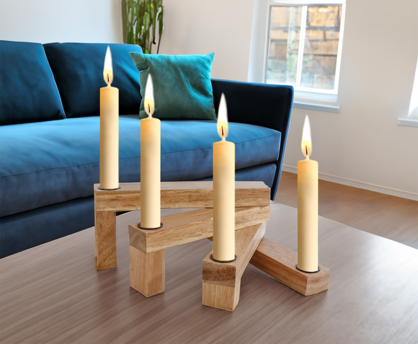 Holz Kerzenhalter klappbar für 4 Stabkerzen - 33 x 15 cm - Deko Kerzenständer für Tafelkerzen - Kerzenleuchter Advent Weihnachten Winter Tischdeko