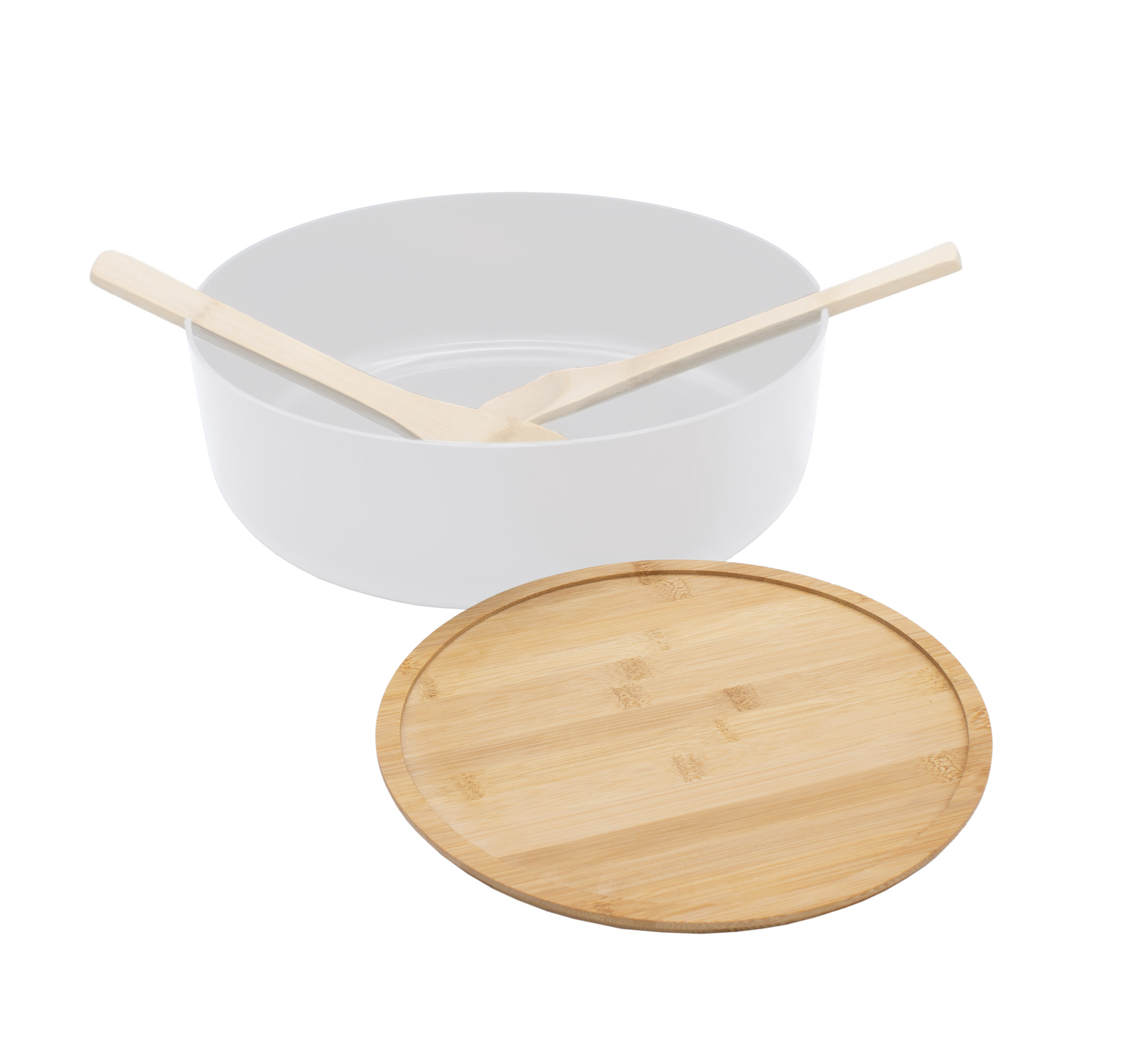 XXL Salatschüssel mit Bambus Deckel 30 cm - weiß - Kunststoff Schale groß inklusive Holz Besteck