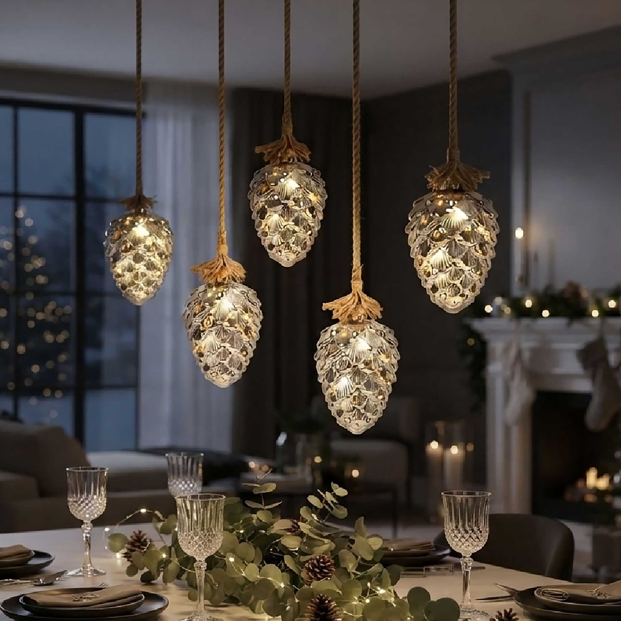 XL Glas Tannenzapfen zum Hängen 15 LED mit Timer - 22 x 15 cm - Zapfen Dekohänger warm weiß beleuchtet Batterie betrieben