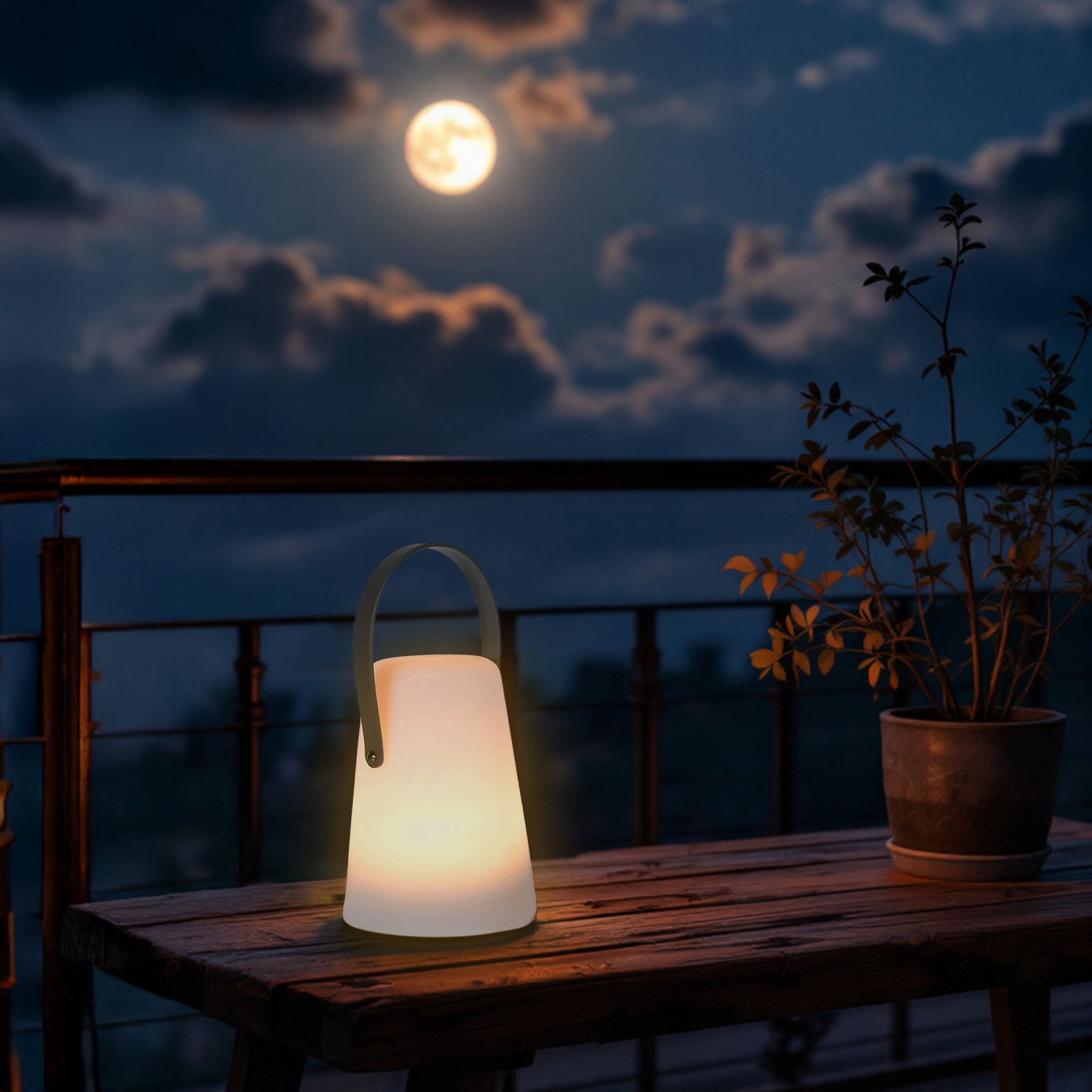 LED Tischlampe mit Lederband konisch rund - 14 x 10 cm - Garten Tisch Leuchte mit Timer