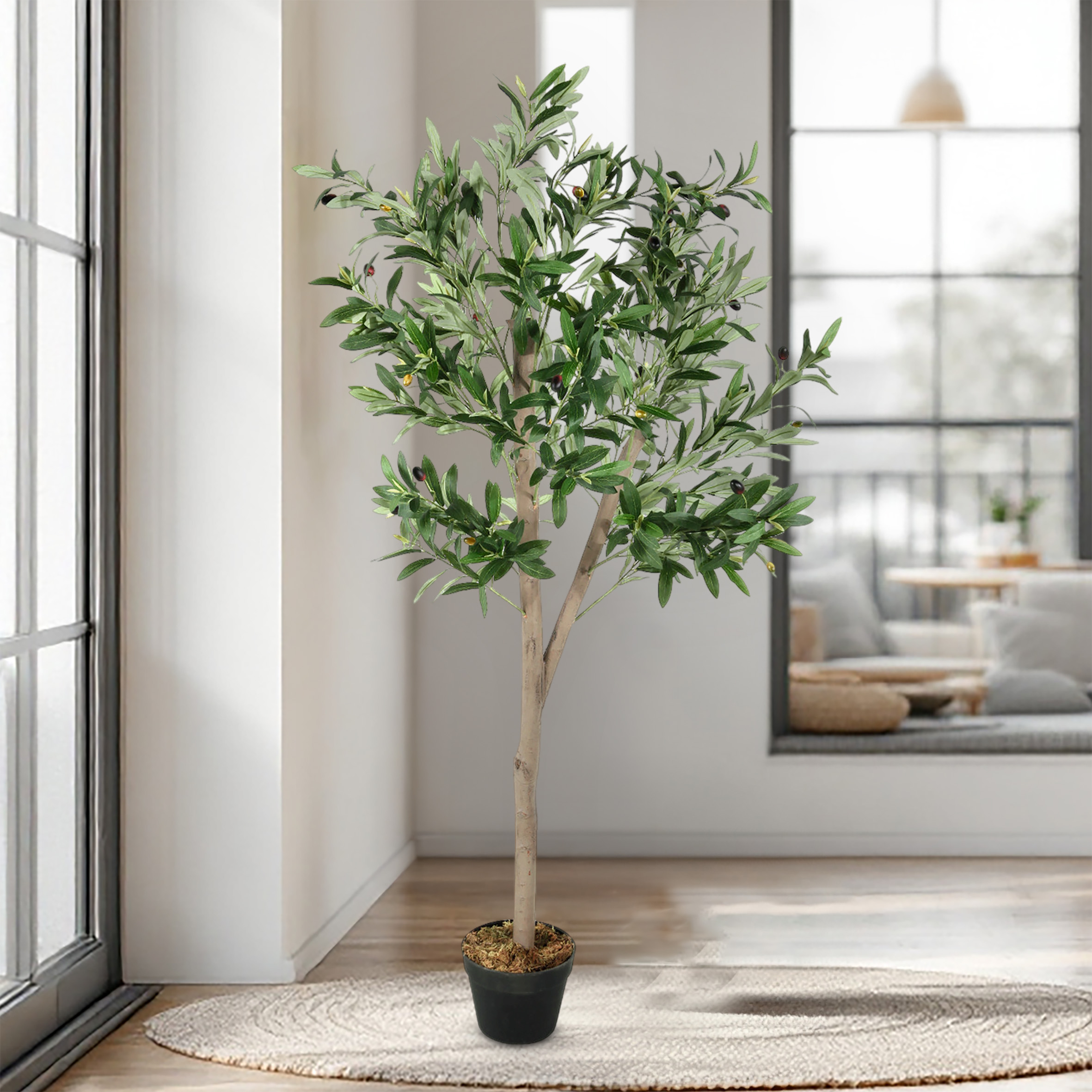 Olivenbaum Kunstpflanze im schwarzen Topf mit 32 Oliven - 150 x 70 cm - Künstlicher Baum im Blumentopf mit 928 Blättern