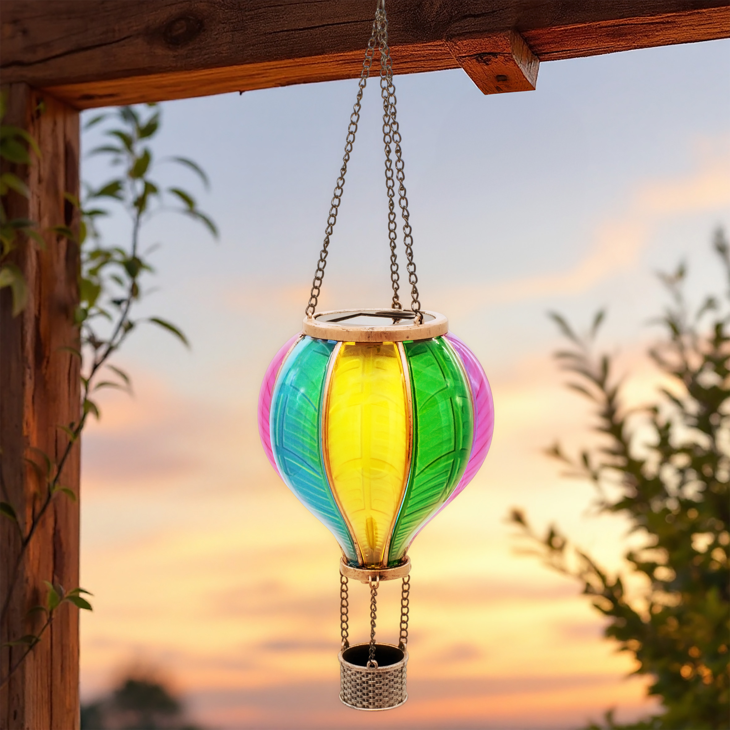 Solar LED Heißluftballon bunt zum Hängen - 45 cm - Garten Lichtspiel mit Flammen Effekt warm weiß