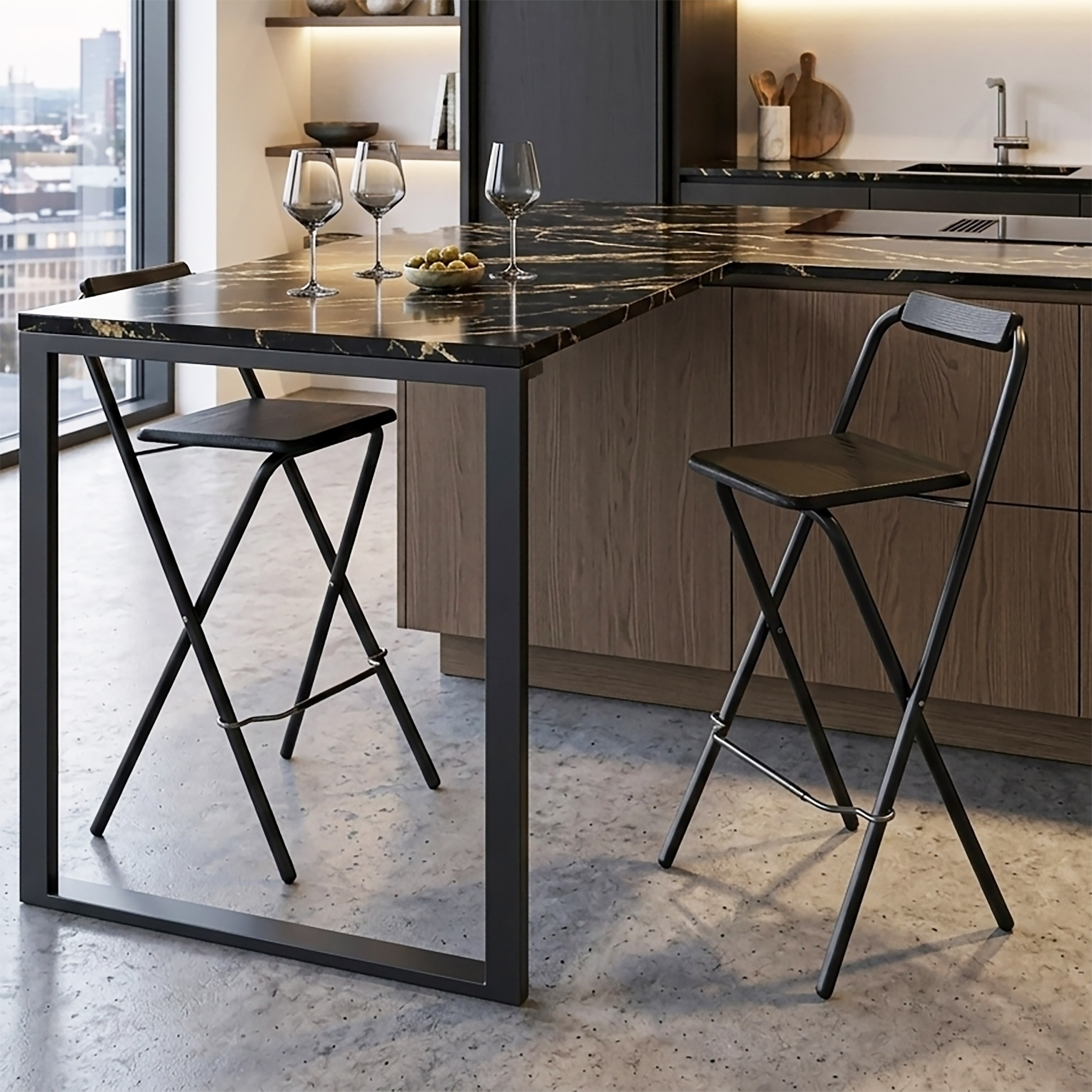 Barhocker klappbar schwarz Belastbarkeit bis 110 kg - 2er Set - Holz Tresenhocker faltbar mit Holz Sitzfläche und Klappsicherung