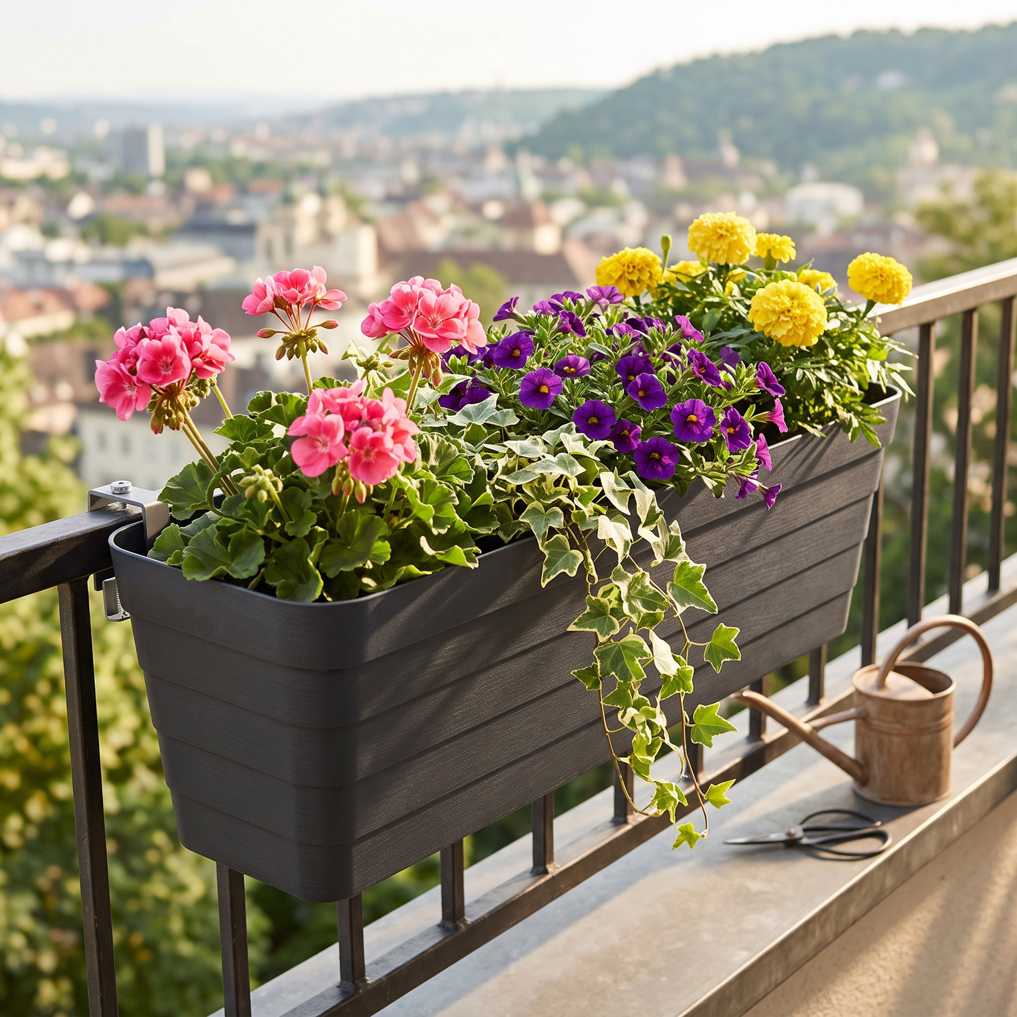 Balkon Blumenkasten Bewässerungssystem - 60 cm - Kunststoff Geländer Pflanztopf in anthrazit