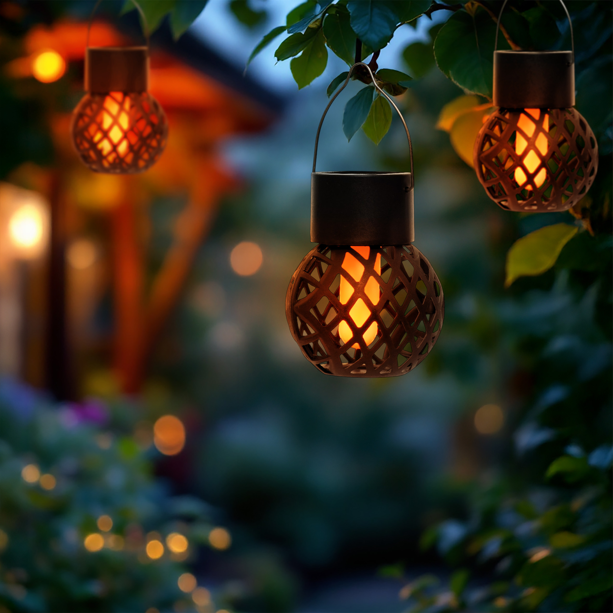 Solar Mini Hängeleuchten 9 x 7 cm mit Flammeneffekt - 6er Set - LED Laternen klein zum Hängen für Außen