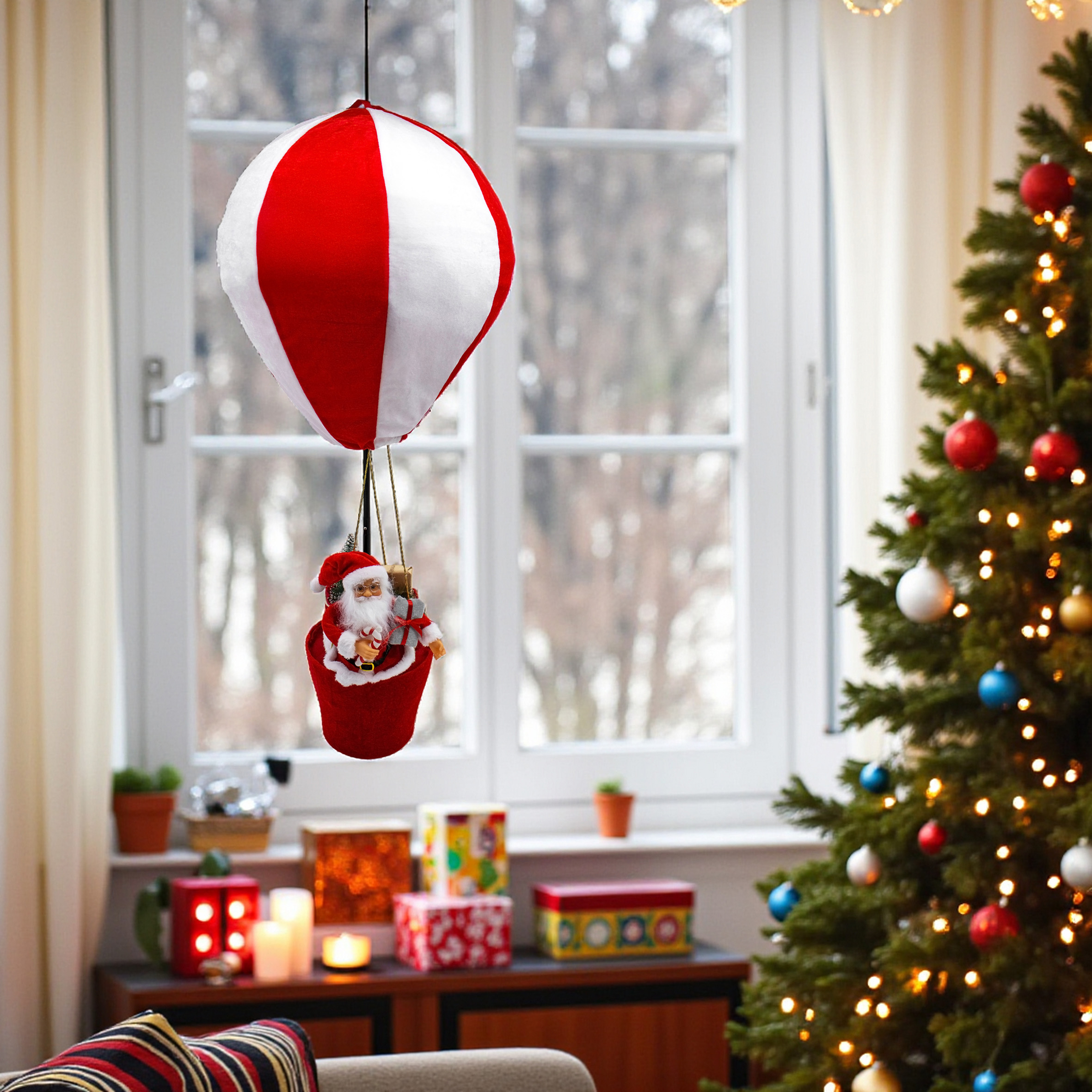 Großer Plüsch Heißluftballon mit Weihnachtsmann - 92 cm - Weihnachtsdeko zum Aufhängen oder Hinstellen
