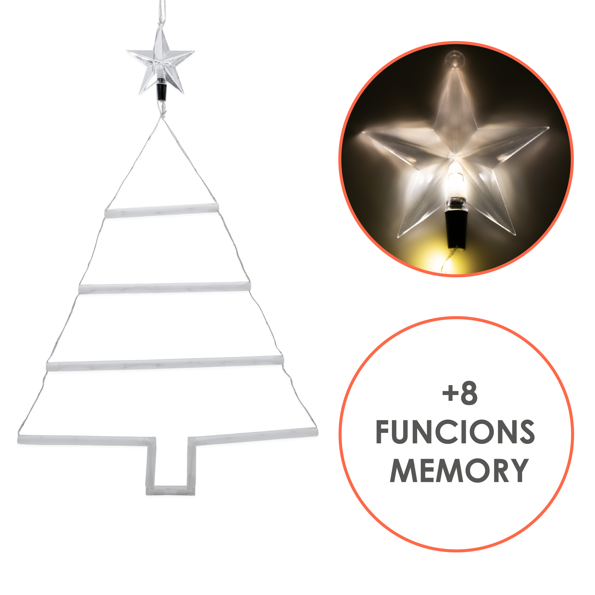 Fensterbild Weihnachtsbaum 66 LED mit 8 Funktionen und Timer - 70 x 46 cm - Fenster Silhouette Tannenbaum warm weiß beleuchtet mit Stern Spitze