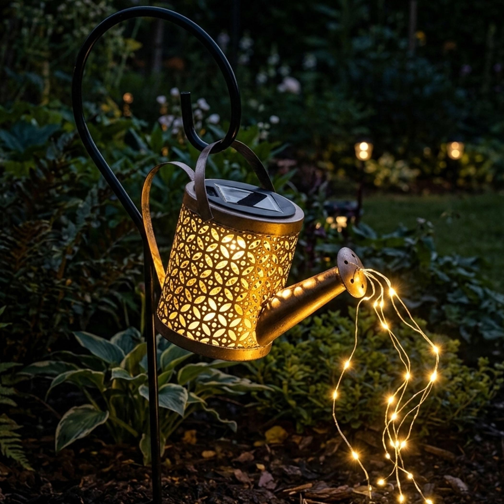 LED Solar Gießkanne mit Erdspieß - 21 x 16 cm - Garten Deko Beleuchtung 40 LED in warm weiß beleuchtet