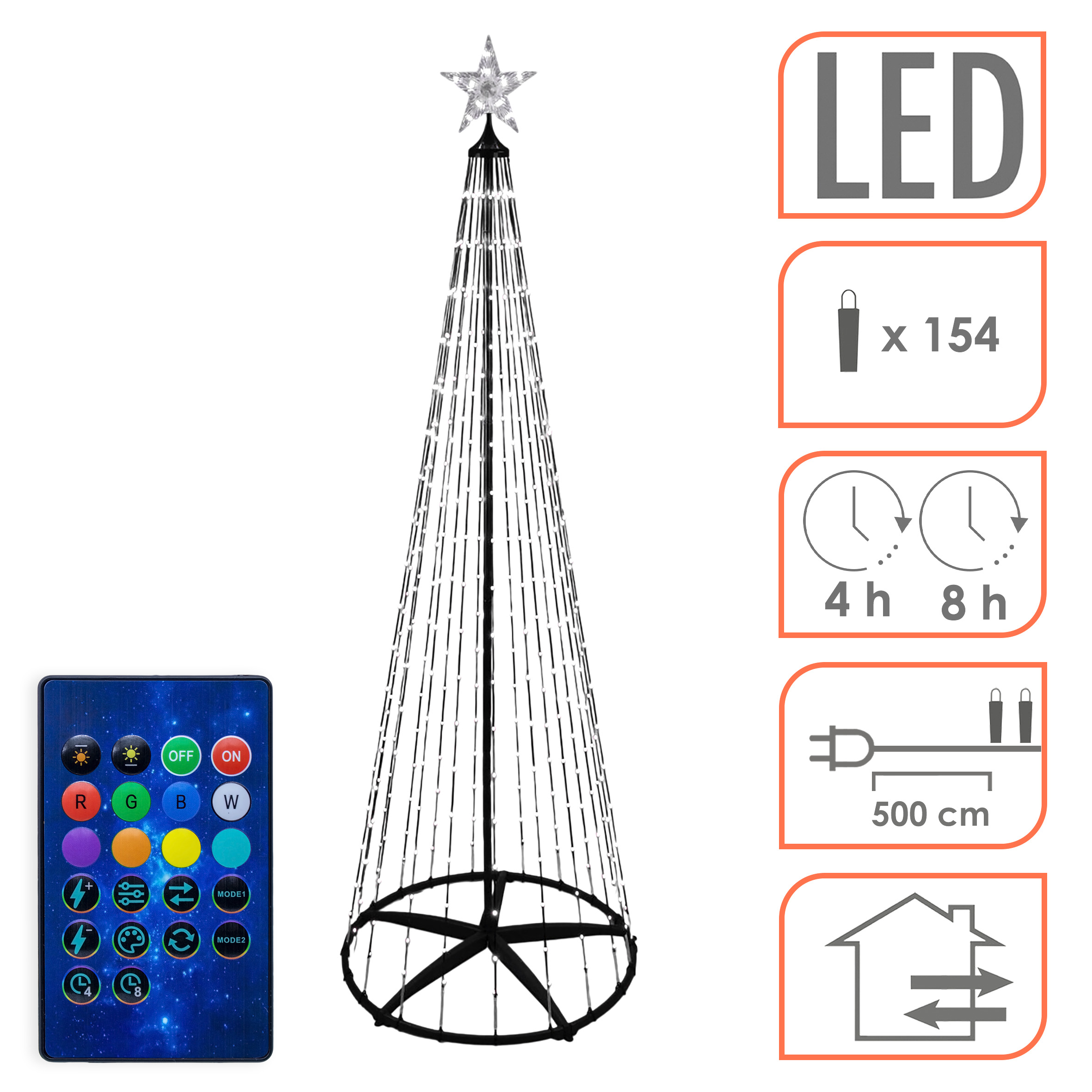 Lichterbaum mit Stern Spitze 150 cm für Außen mit Fernbedienung und Timer - 154 LED - Metall Weihnachtsbaum in schwarz multicolor - Farbe per Fernbedienung wählbar
