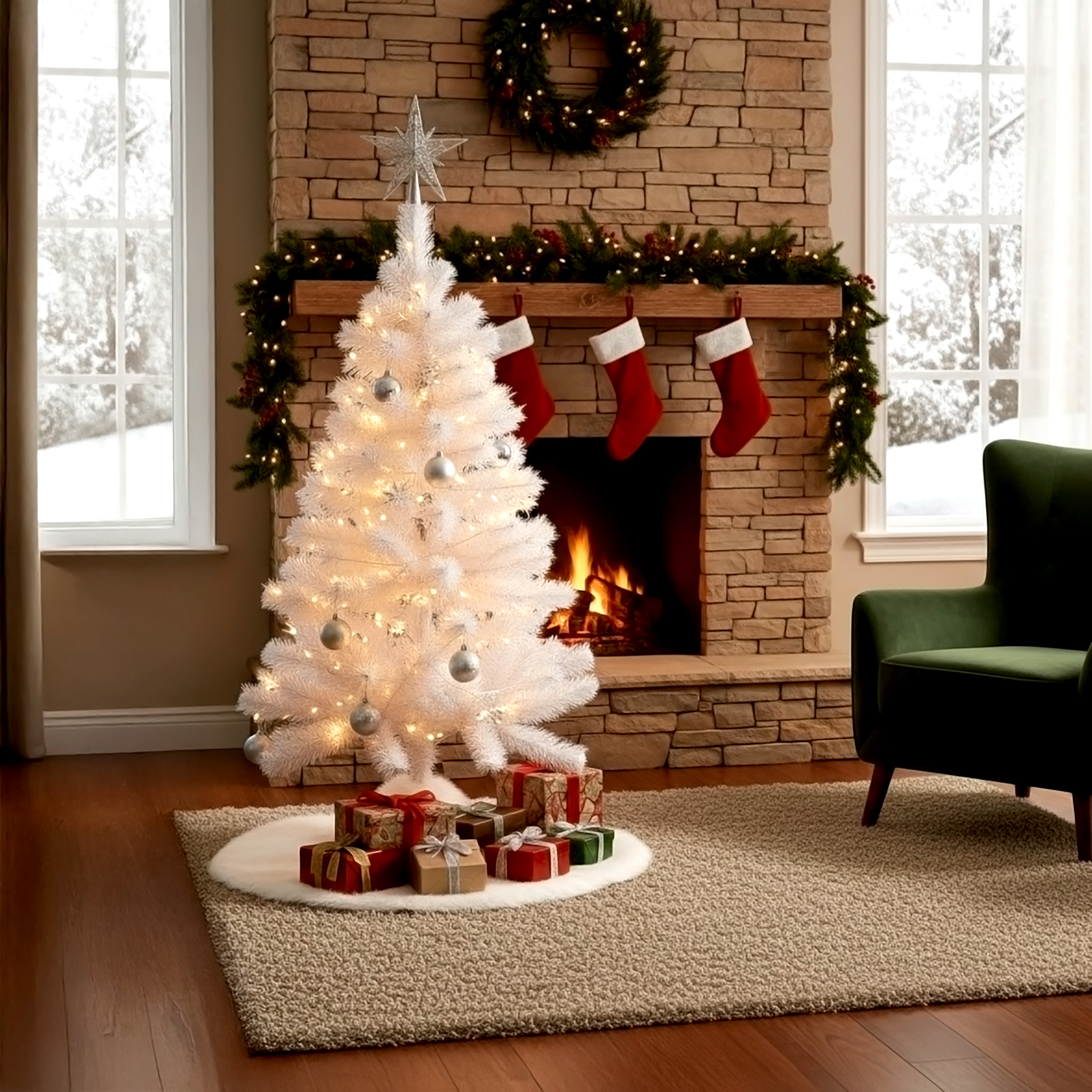 Künstlicher Weihnachtsbaum - 3 Farben und 4 Größen - Kunst Tannenbaum mit Baum-Ständer