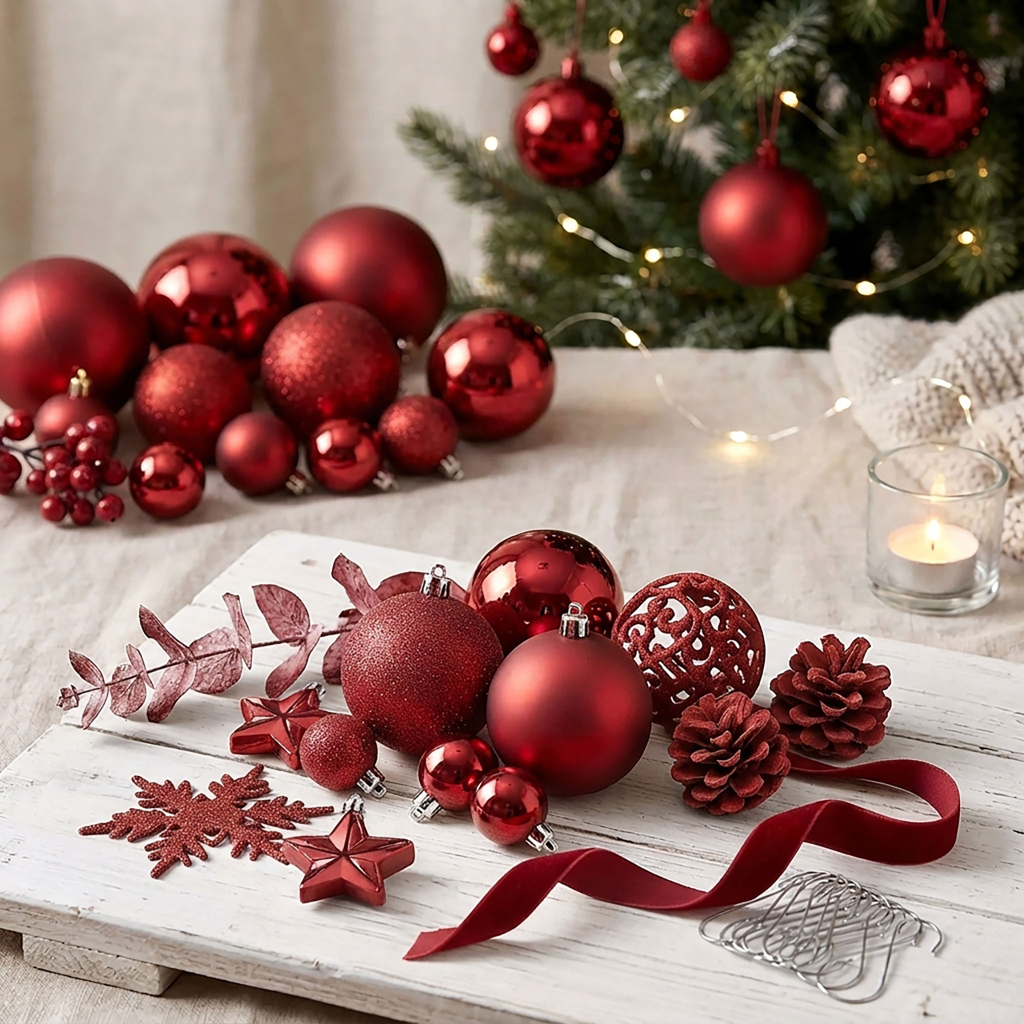 Kunststoff Christbaumkugel Set 111-teilig bruchsicher - rot - Design Weihnachtskugeln inklusive Metall Haken
