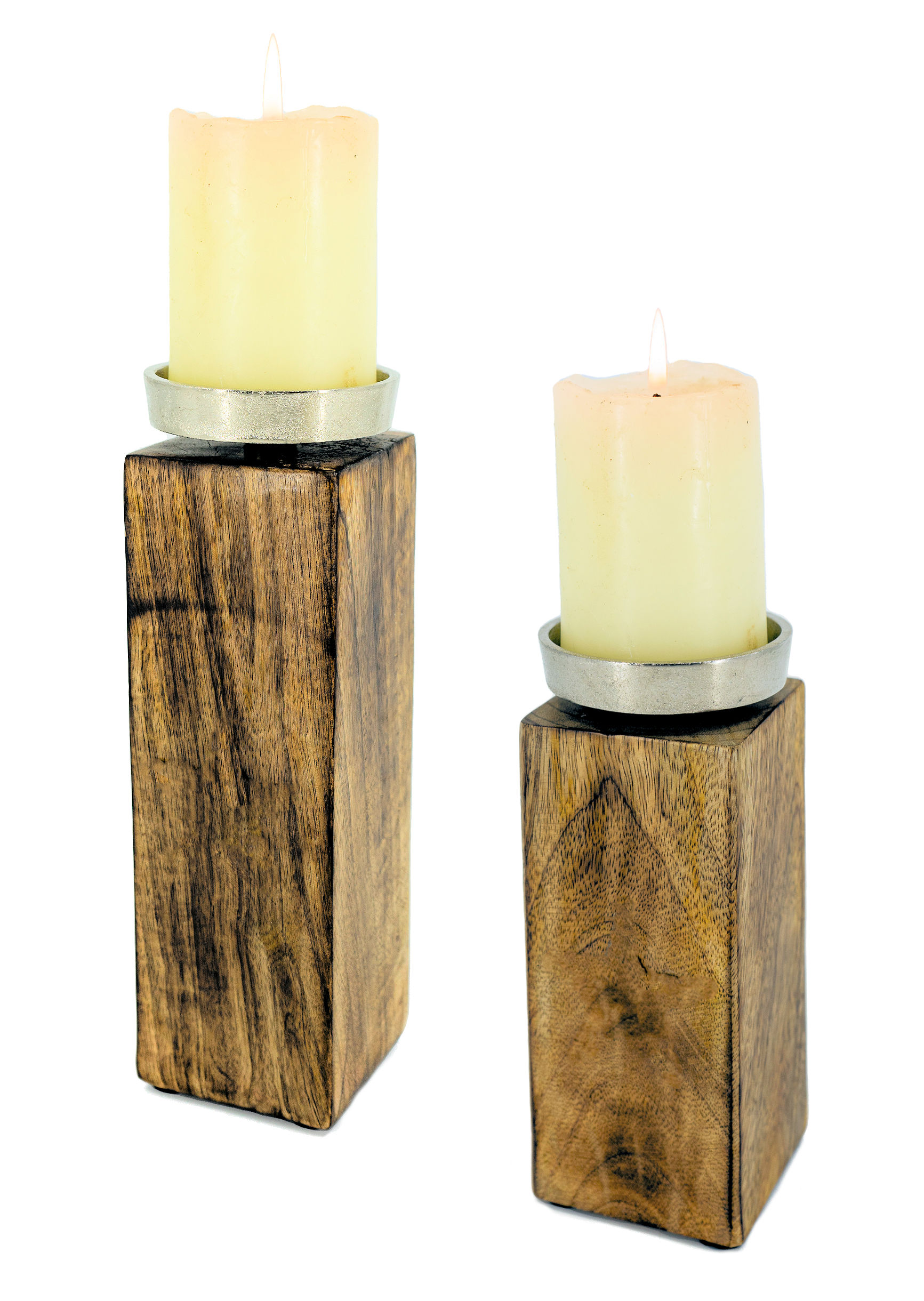 Mango Kerzenständer mit Alu Halter - klein / groß / 2er Set - Deko Holz Kerzenhalter für Stumpen- und Kugel-Kerzen rustikal 