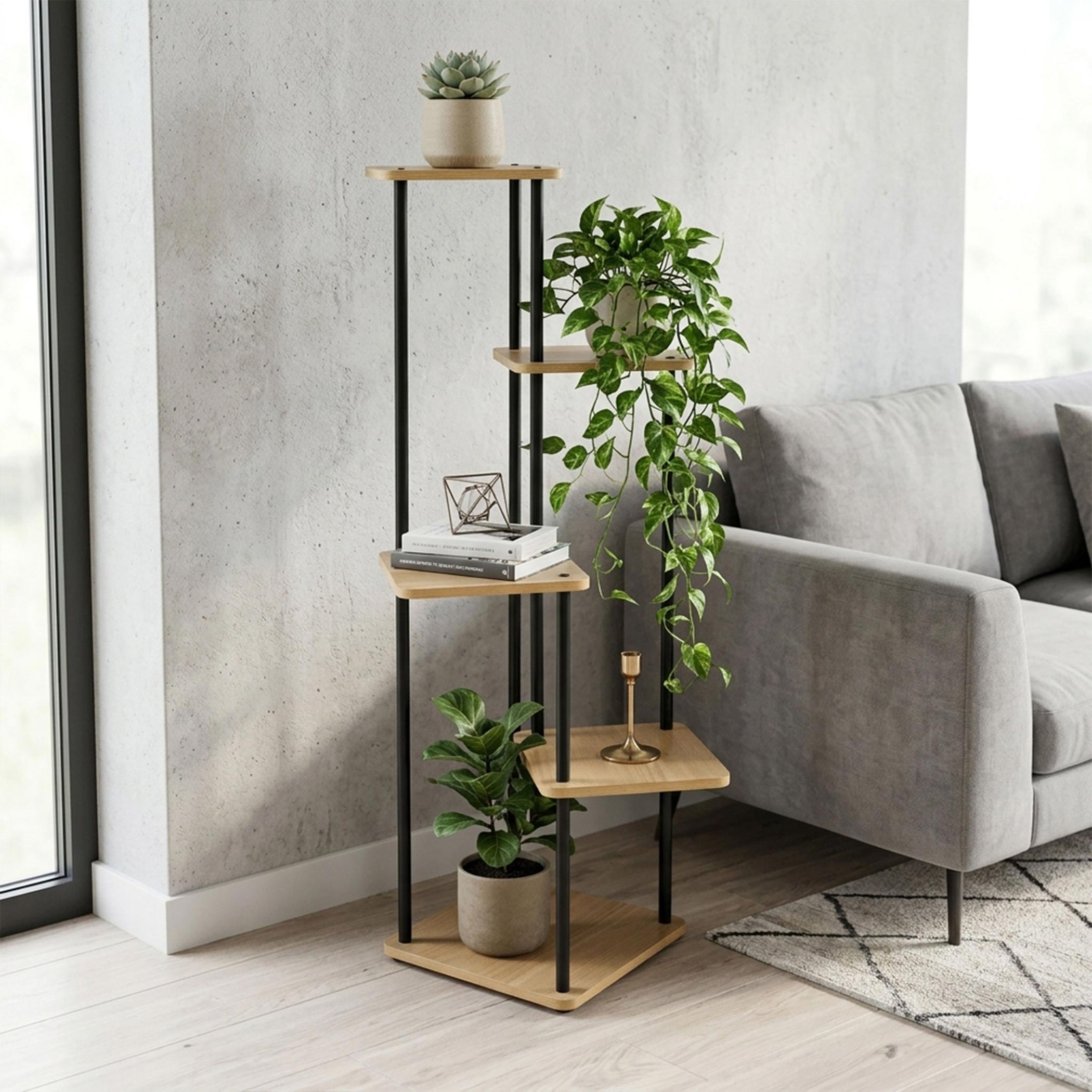 Metall Pflanzenständer schwarz 5 Ebenen aus Holz - 107 x 30 cm - Blumentreppe mit 5 Etagen für Zimmerpflanzen und Dekoration