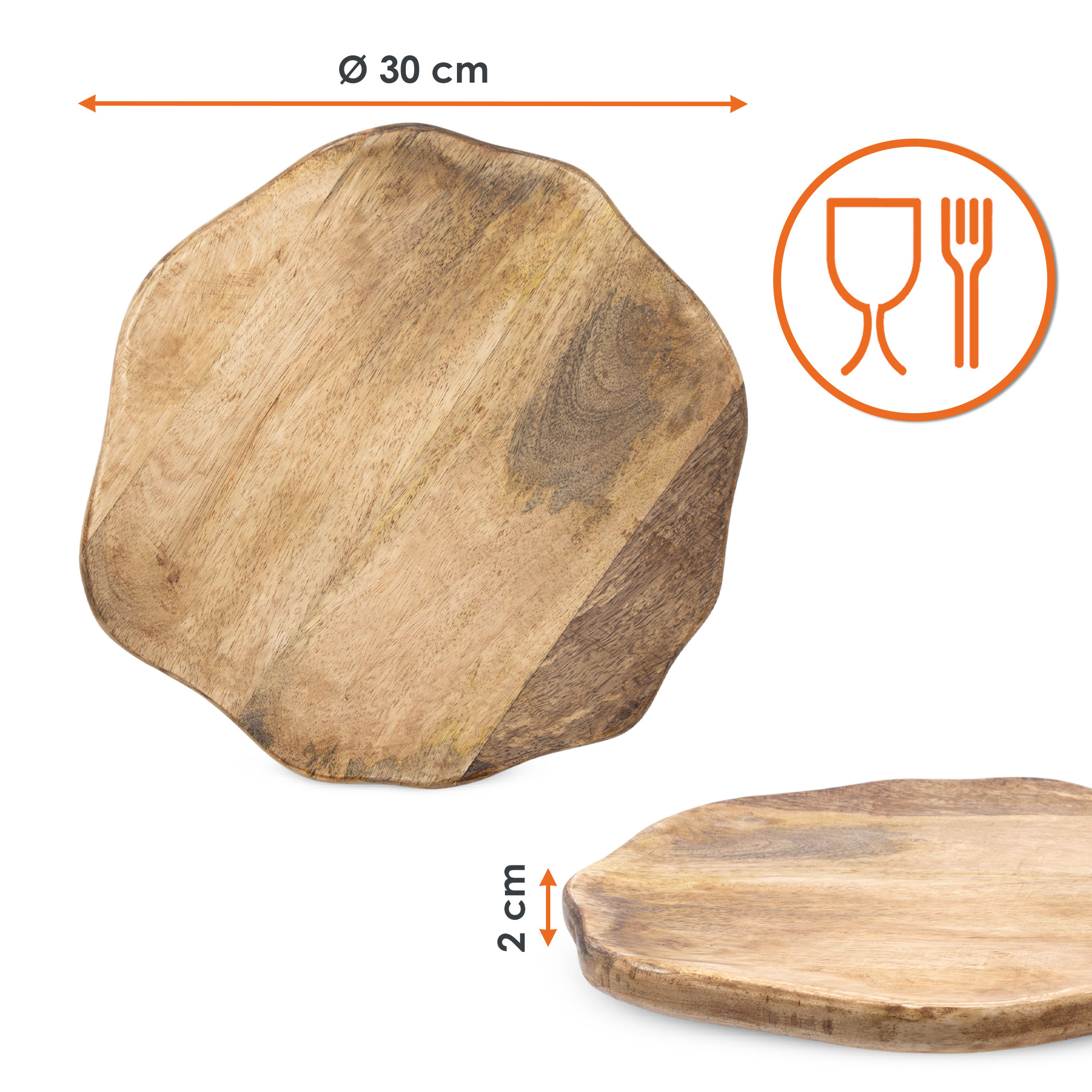Mango Servierplatte lebensmittelecht mit Naturkante - 30 cm - Holz Tablett rustikal mit natürlicher Form