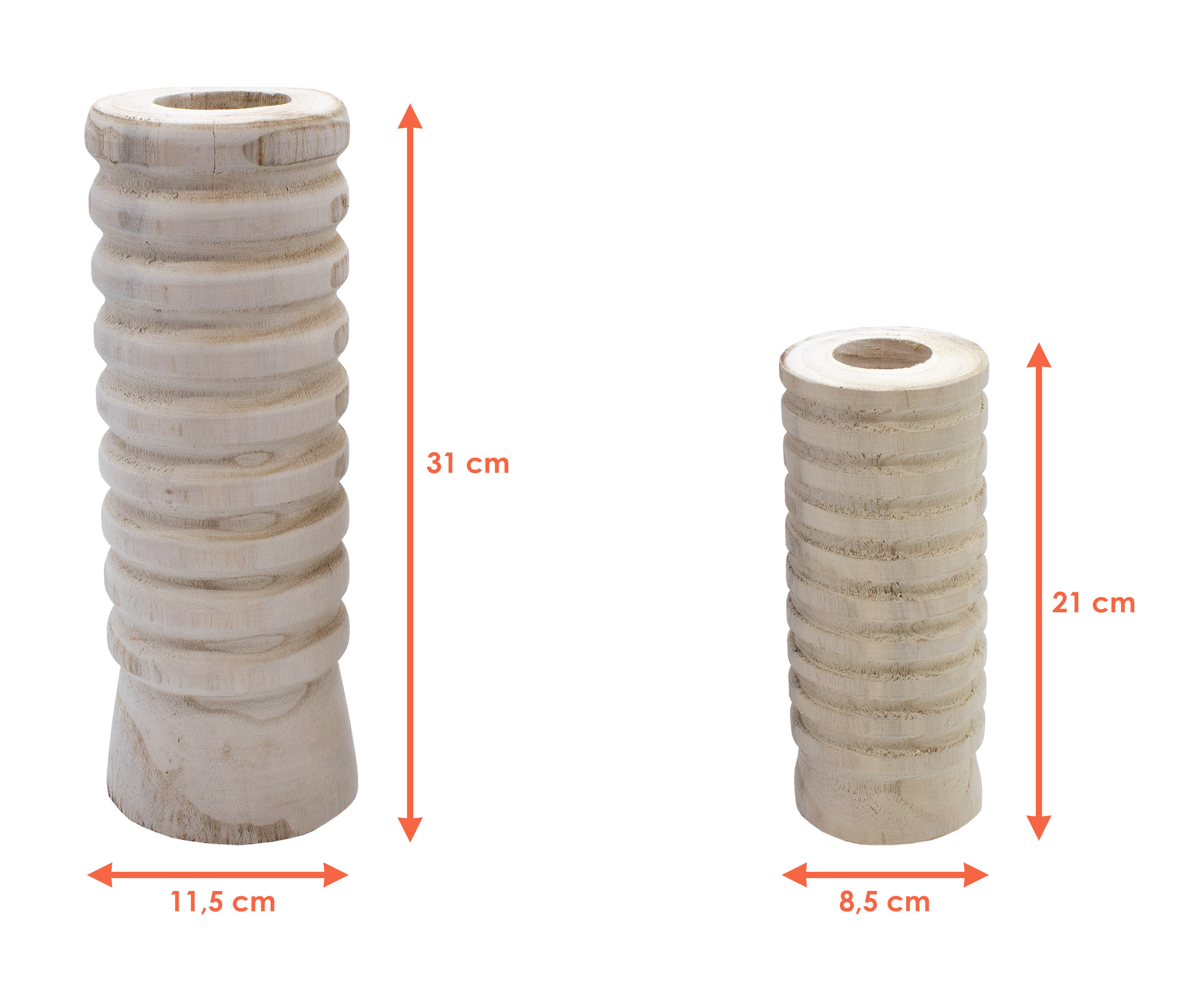 Holz Blumenvase 2er Set gerade Form geriffelt - je 1x 31 cm und 21 cm - Flasche Holzvase naturbelassen