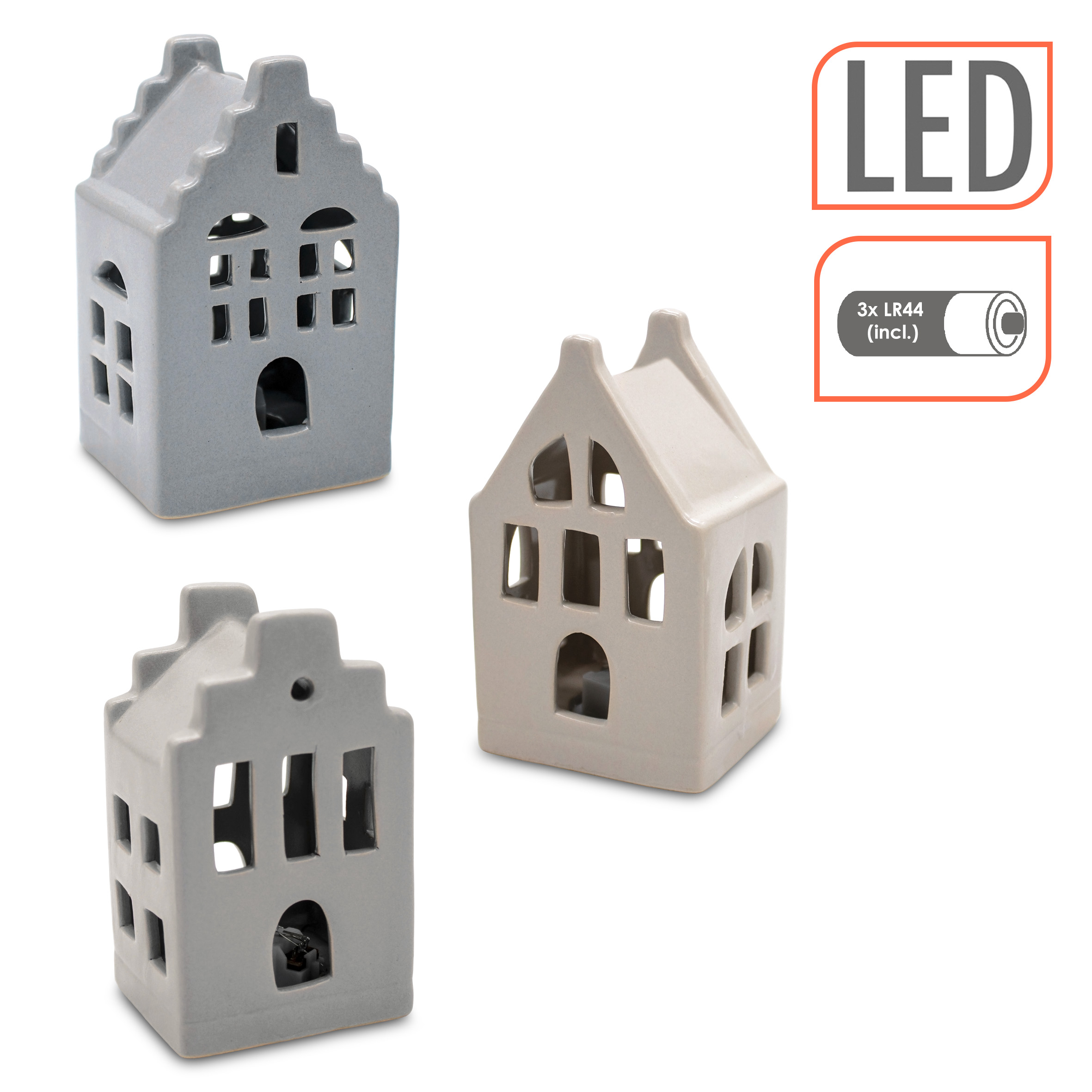 LED Porzellan Haus 11 cm inklusive Batterie - 3er Set - Deko Weihnachtsdorf mit Beleuchtung in warm weiß