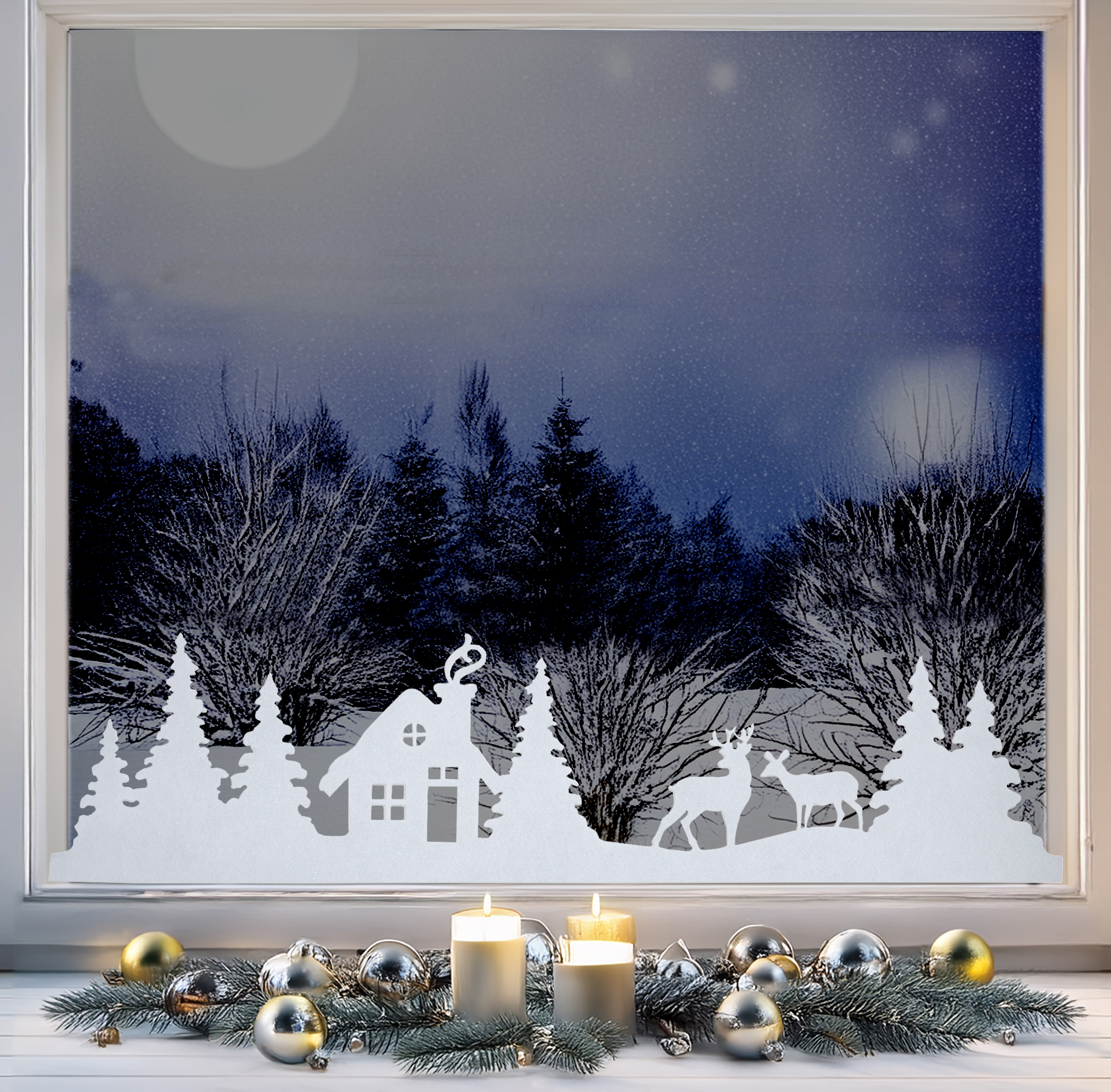 Filz Fensterbild Winterlandschaft 90 x 23 cm - 2er Set - Stoff Weihnachtsdorf Skyline mit Klebestreifen