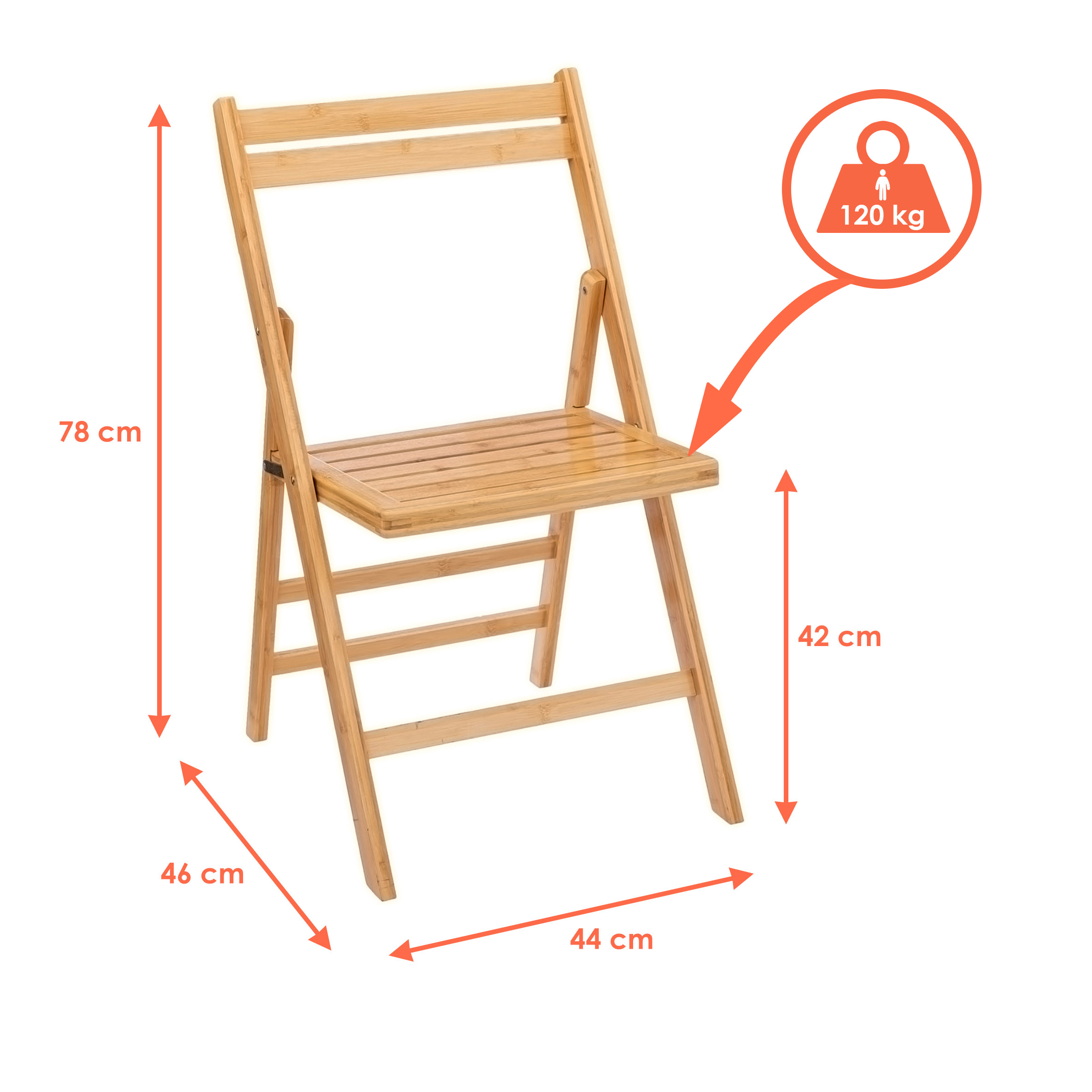 Bambus Klappstuhl natur belastbar bis 120 kg - 79 x 44 cm - Küchen Stuhl klappbar aus FSC Holz