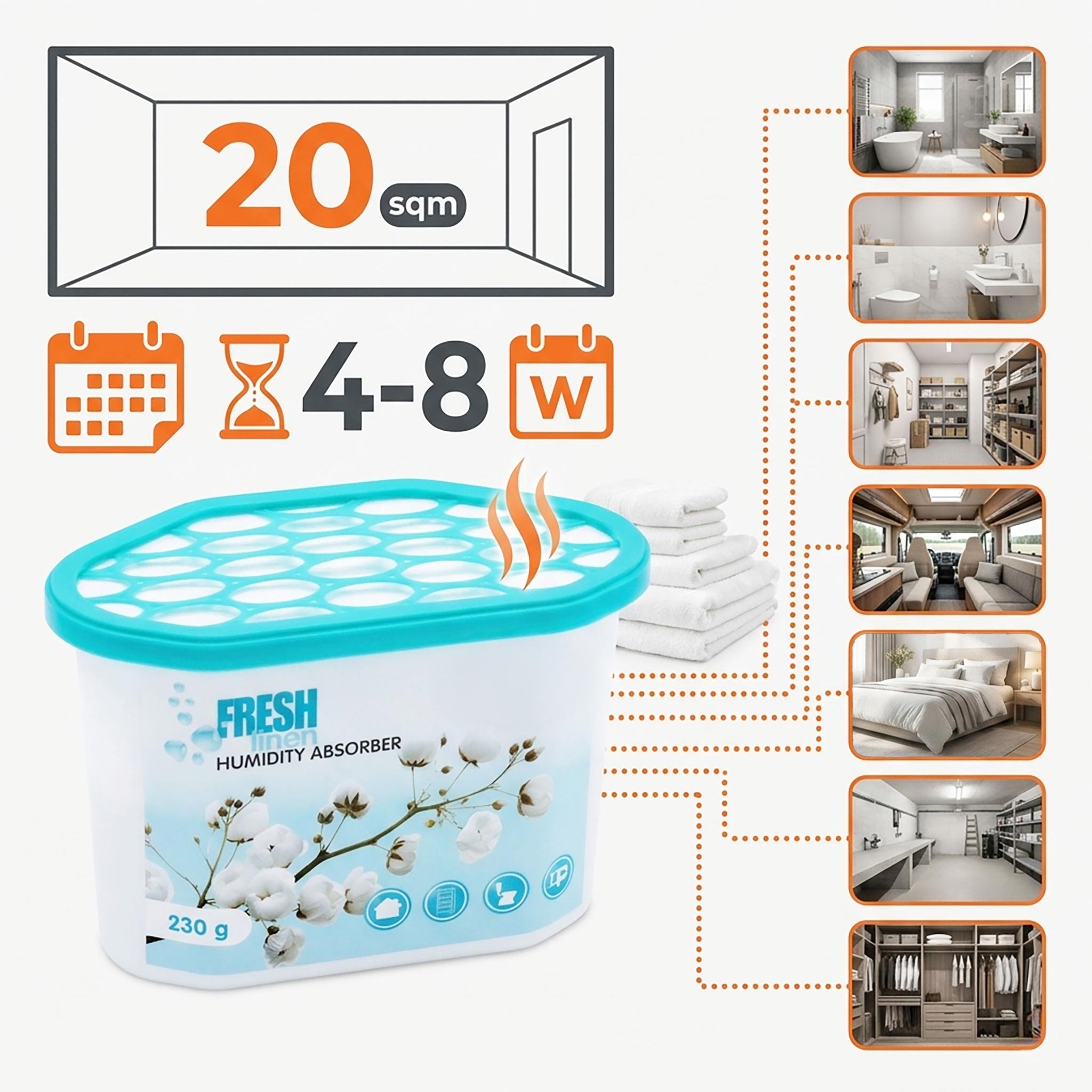 Luftentfeuchter Granulat Box mit 230g Frischeduft Granulat - 8er Pack - Raumentfeuchter mit Frische Wäsche Duft Entfeuchtergranulat
