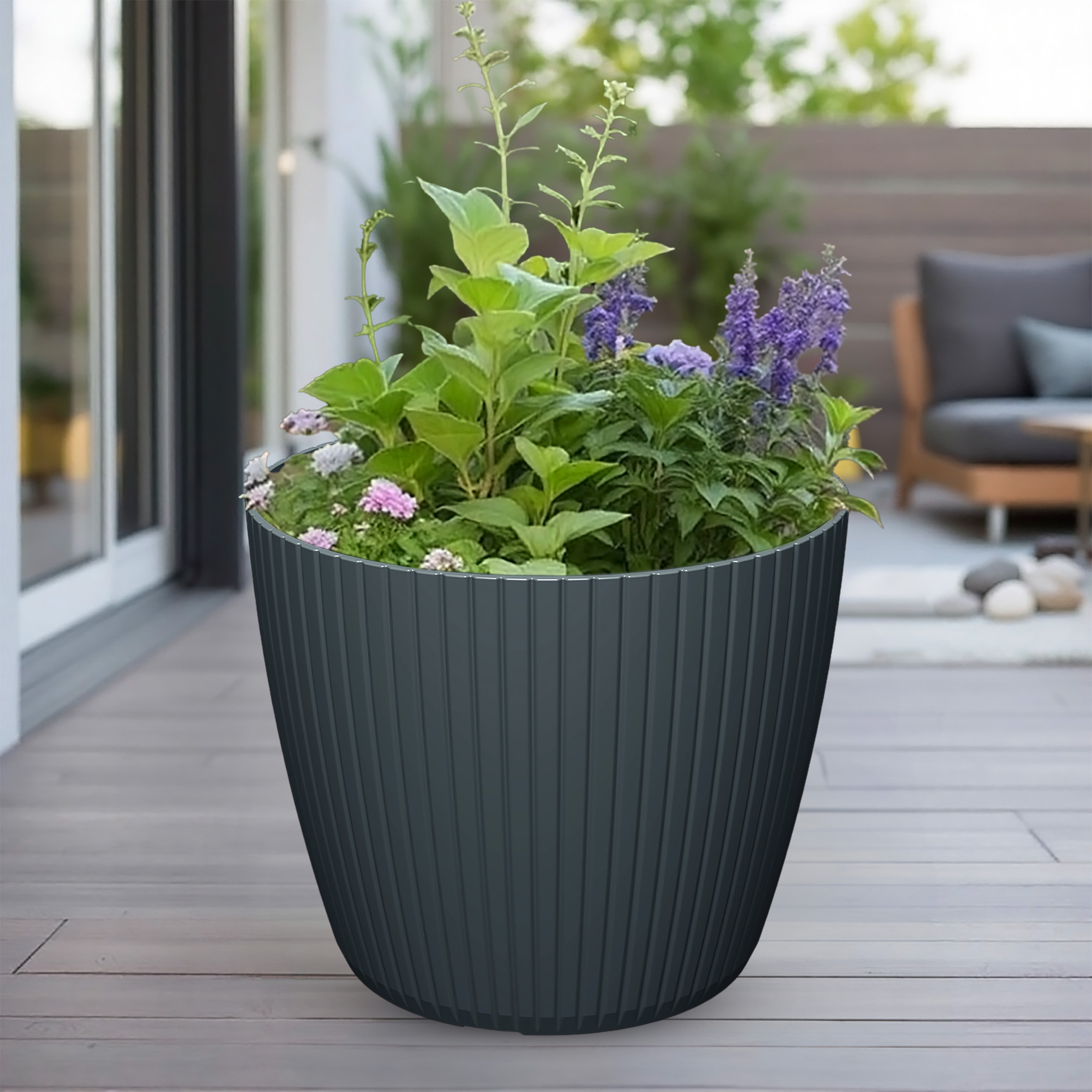 Blumenkübel im Rillen Design rund anthrazit - 38 x 32 cm - Kunststoff Pflanzkübel für Innen und Außen