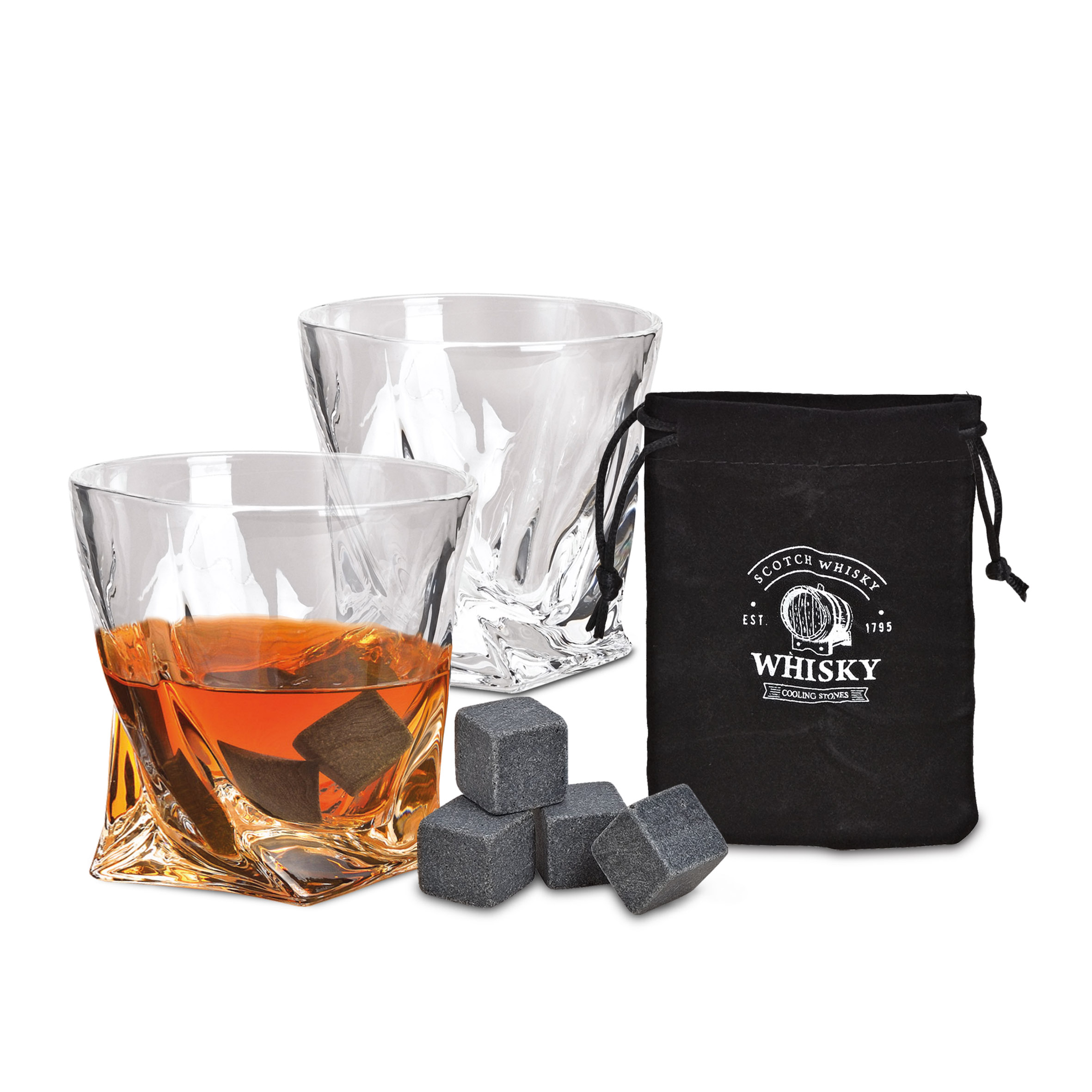Whisky Glas Geschenk Set aus Kristallglas - 7-teilig - 2er Trinkglas Set mit 4x Basalt Kühlsteinen und Samtbeutel