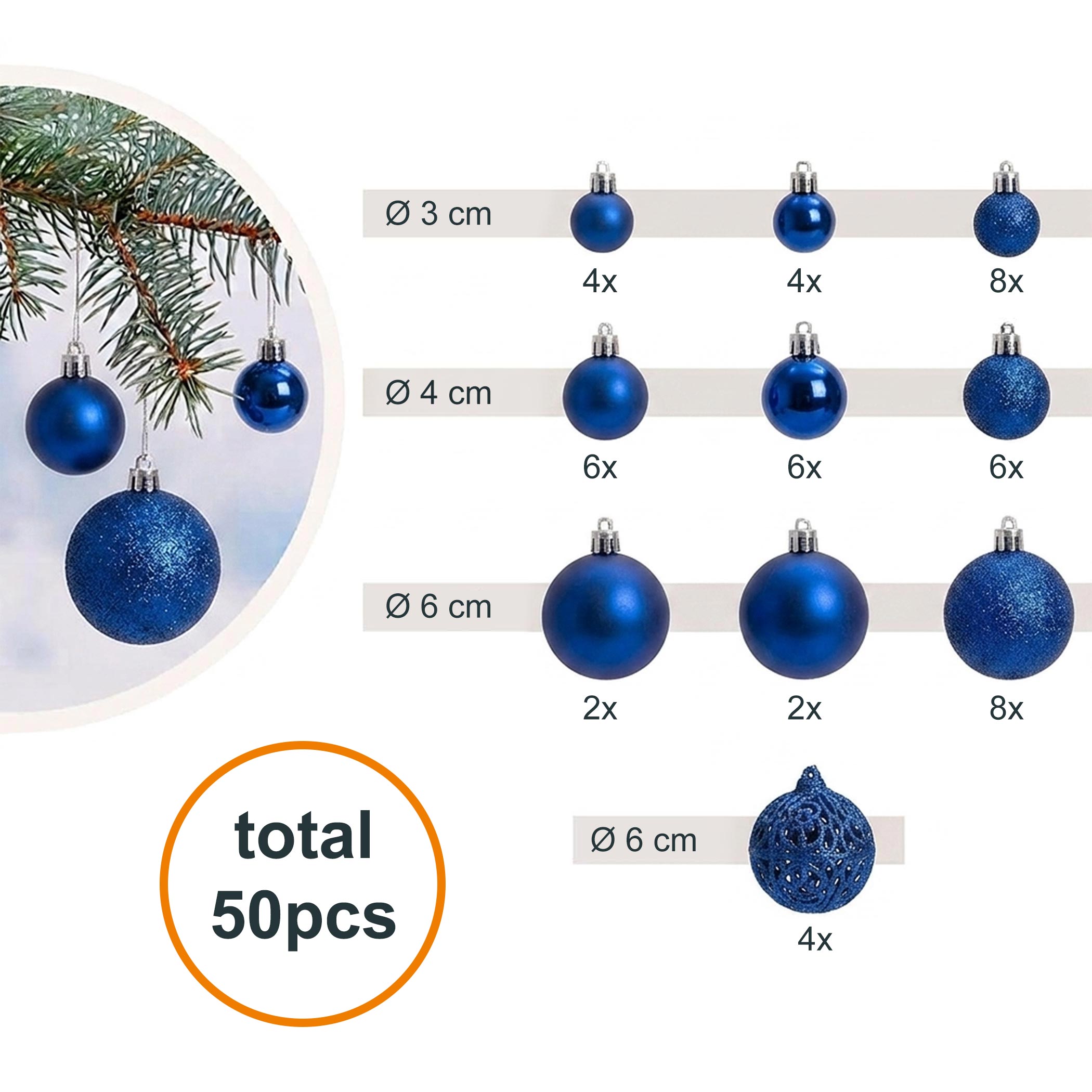Kunststoff Christbaumkugel Set 50-teilig bruchsicher - blau - Design Weihnachtskugeln inklusive Metall Haken