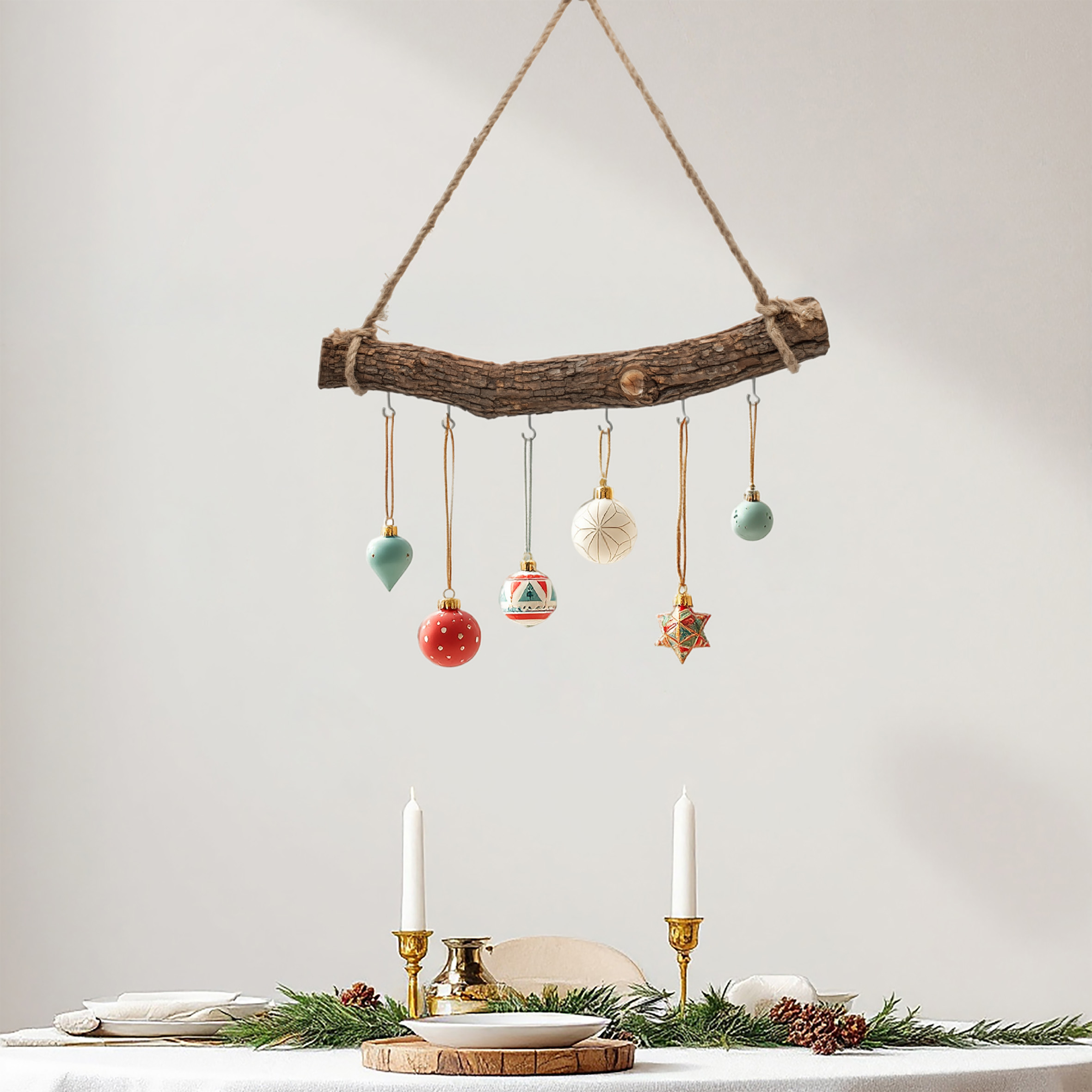 Holzast massiv zum Hängen mit 6 Haken zum Dekorieren - 56 cm - Massivholz Stange Wanddeko Hänger mit Naturkordel