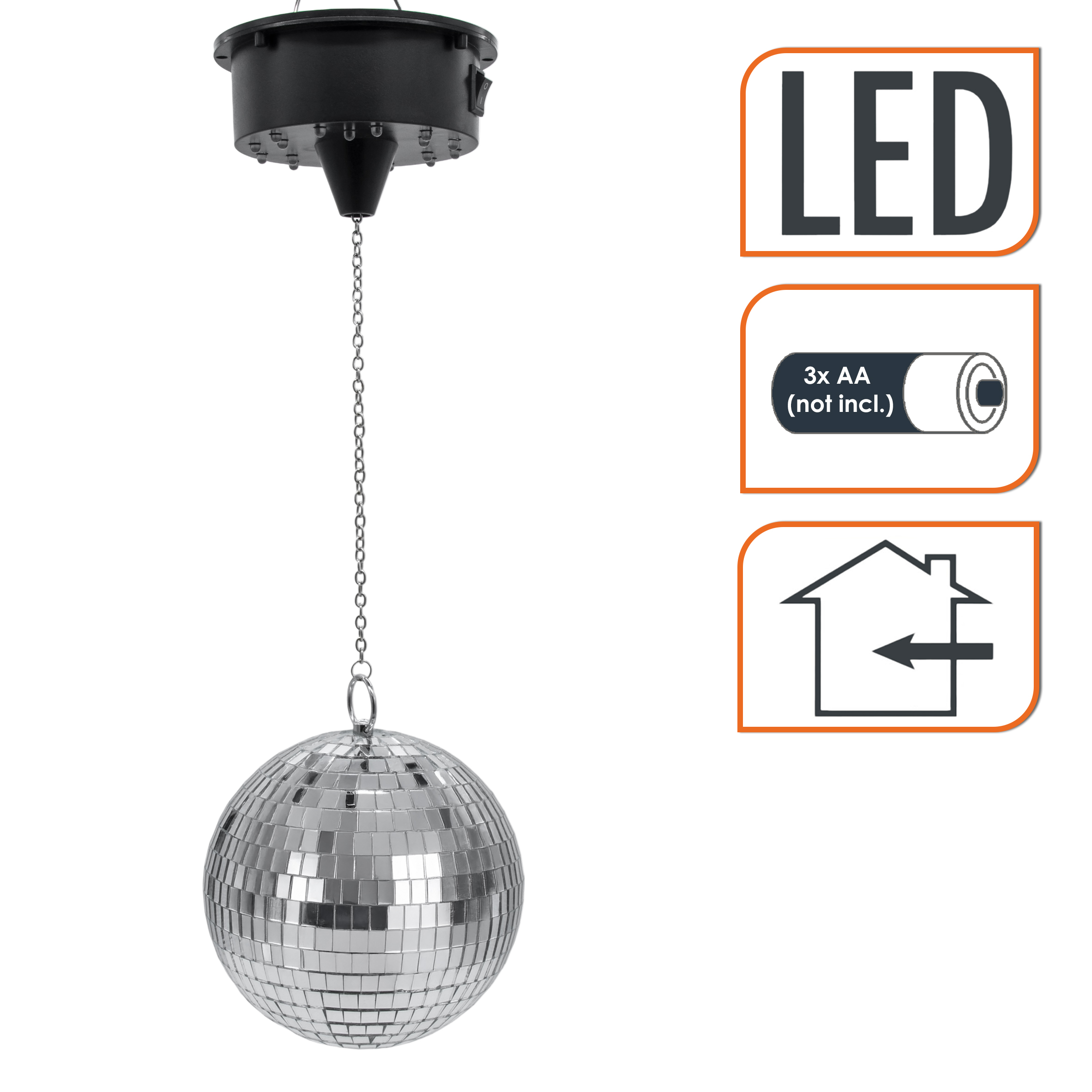Discokugel mit Drehmotor batteriebetrieben und LED Beleuchtung in bunt - 15 cm - Spiegelkugel drehend mit Echtglas Facetten in silber