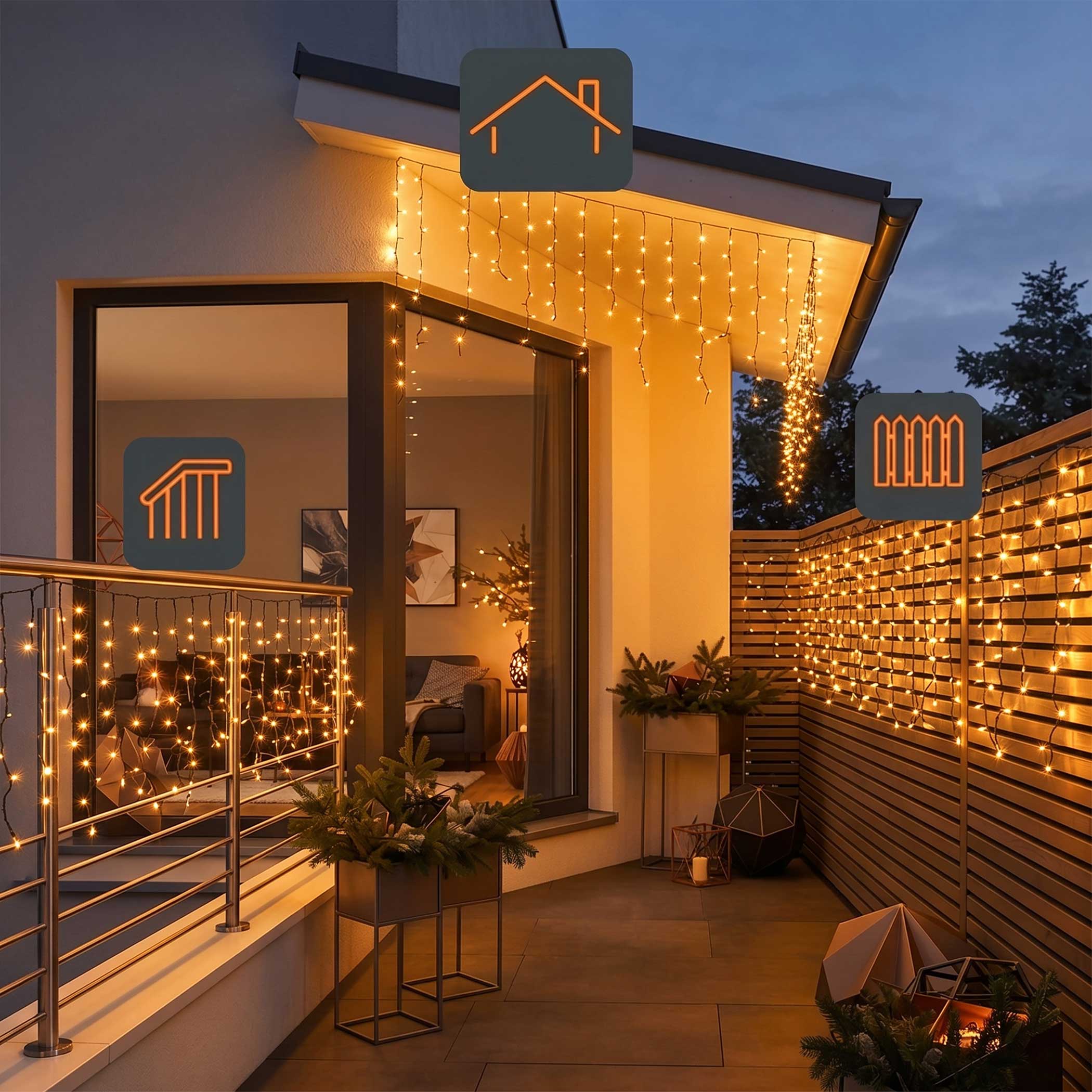 Eisregen Lichtervorhang warm weiß für Außen mit Stecker - 256 LED / 3,75 m - Eiszapfen Lichterkette mit 16 Lichtfäden flexibel erweiterbar