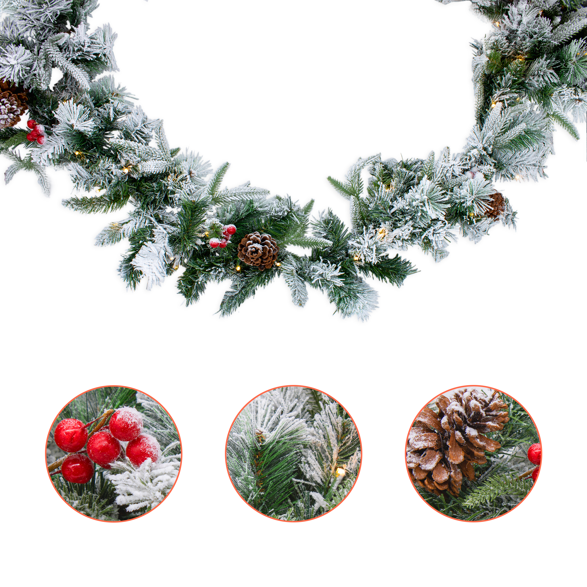 LED Tannengirlande mit Schnee und Beeren warm weiß beleuchtet - 274 cm mit 50 LED - Weihnachtsgirlande Batterie betrieben mit Timer