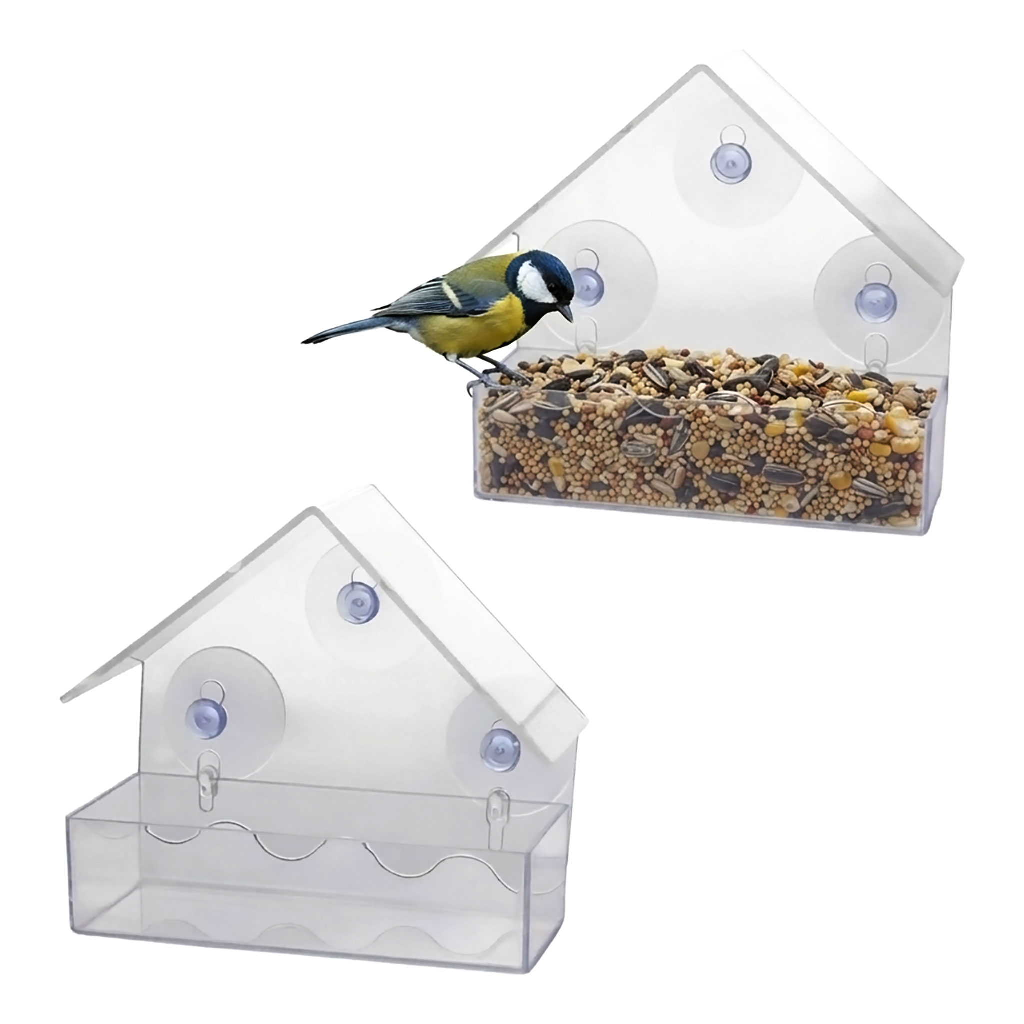 Fenster Futterhäuschen für Vögel 15 x 15 cm - 2er Set - Transparentes Vogelhäuschen mit Saugnäpfen