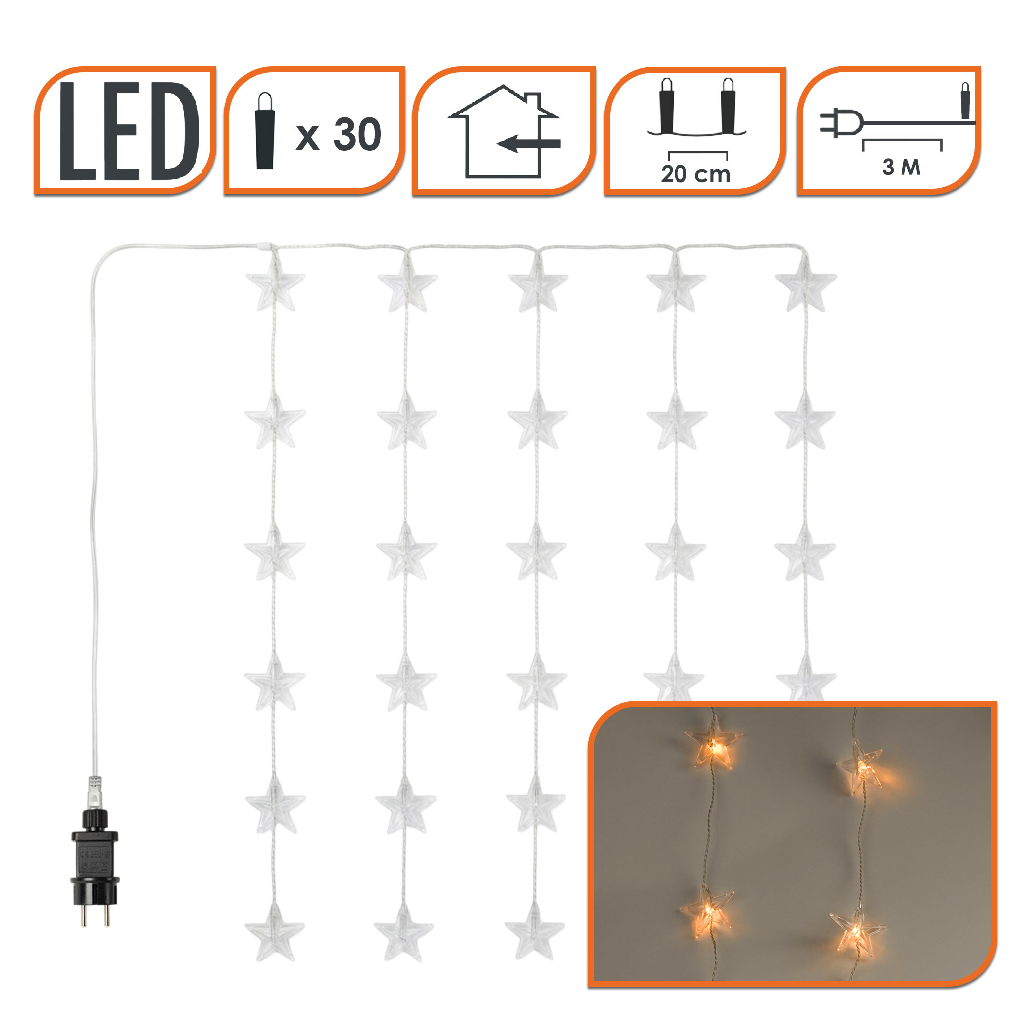 LED Sternen Lichtervorhang warm weiß - 100 cm - Deko Lichterkette mit 30 LED für Innen