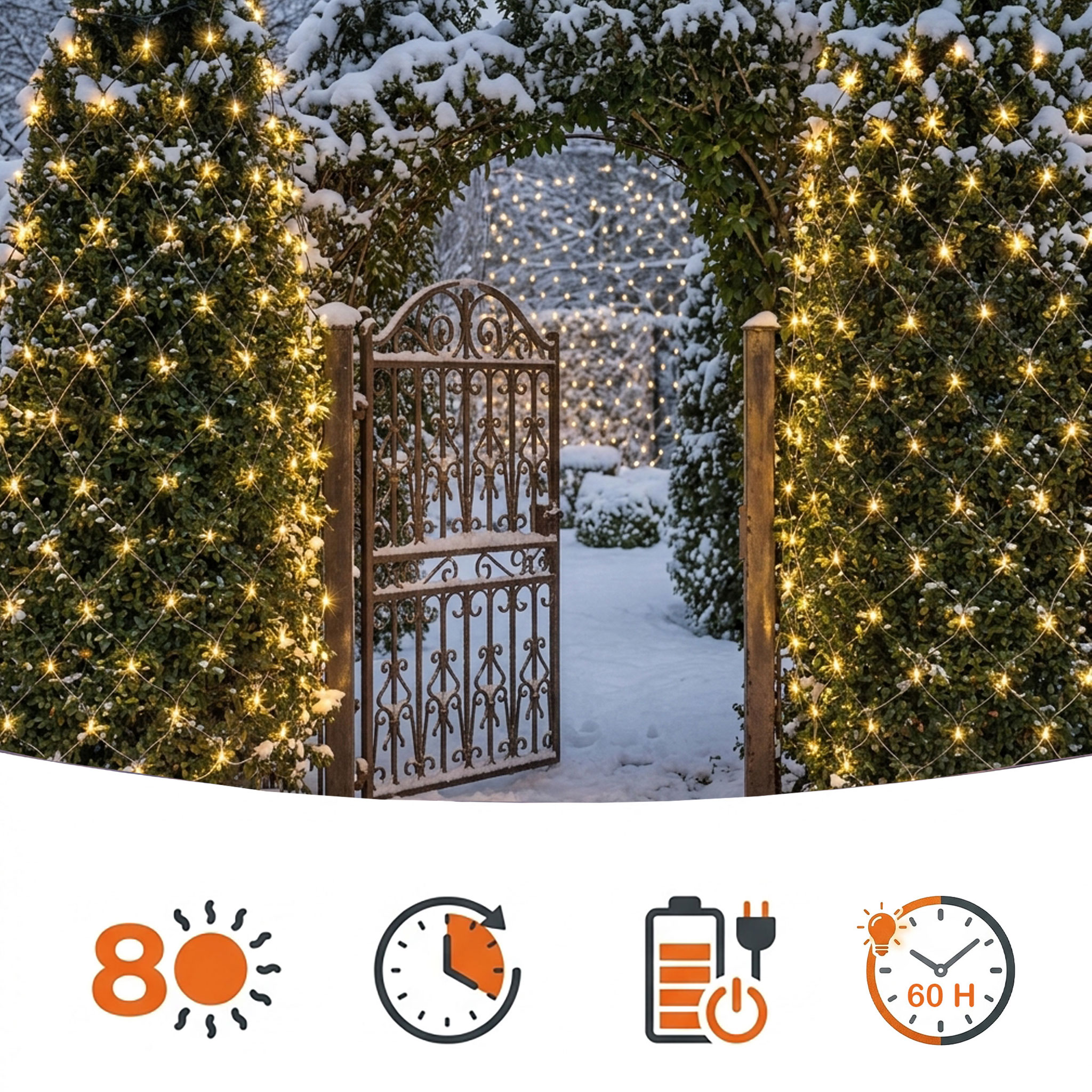 Powerbank Lichternetz 3 x 3 m mit Timer für Außen & Innen - 200 LEDs - Akku Lichtervorhang warm weiß bis 60 Stunden Leuchtdauer mit 8 Funktionen