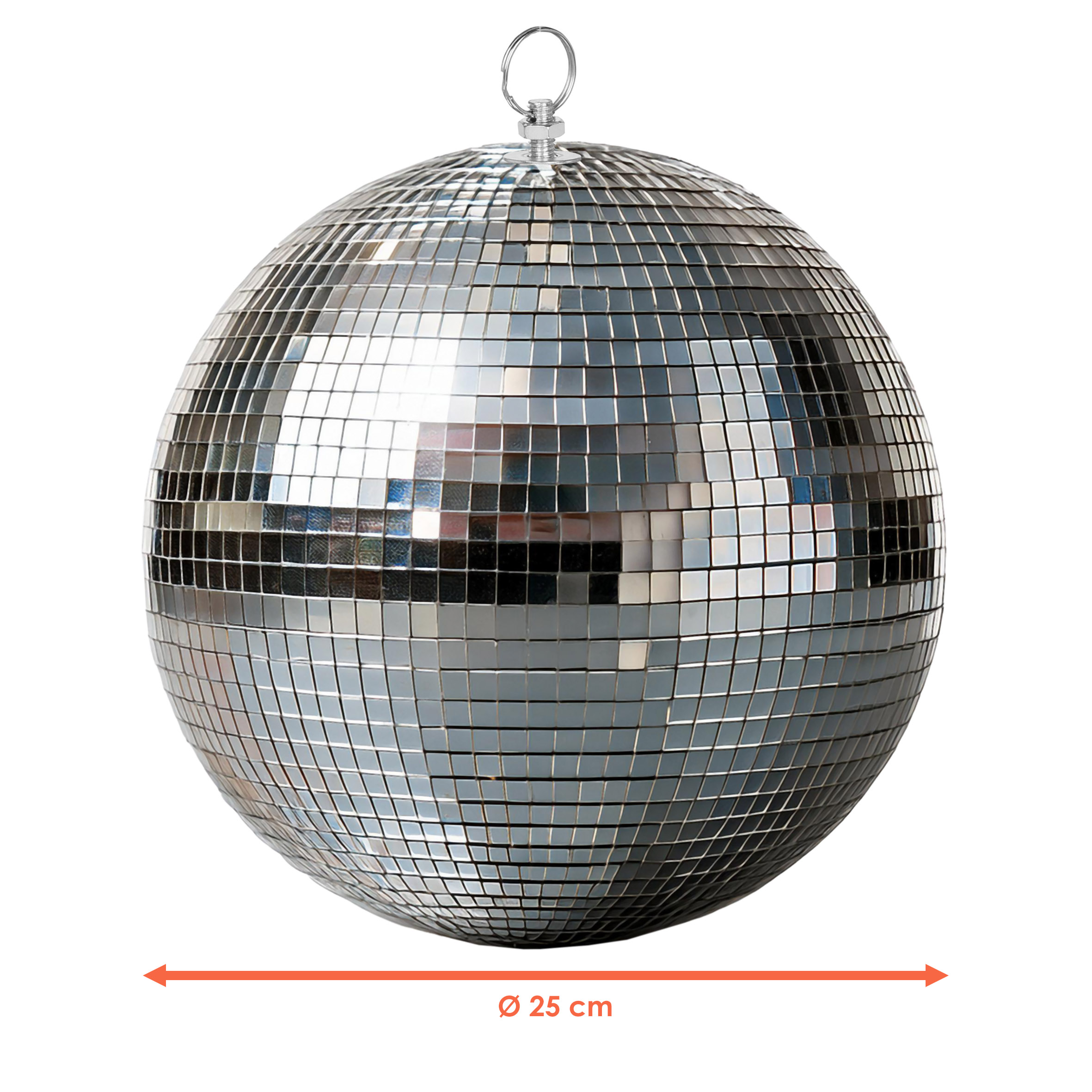 Discokugel mit Haken zum Aufhängen - Ø 25 cm - Spiegelkugel mit Echtglas Facetten in Silber