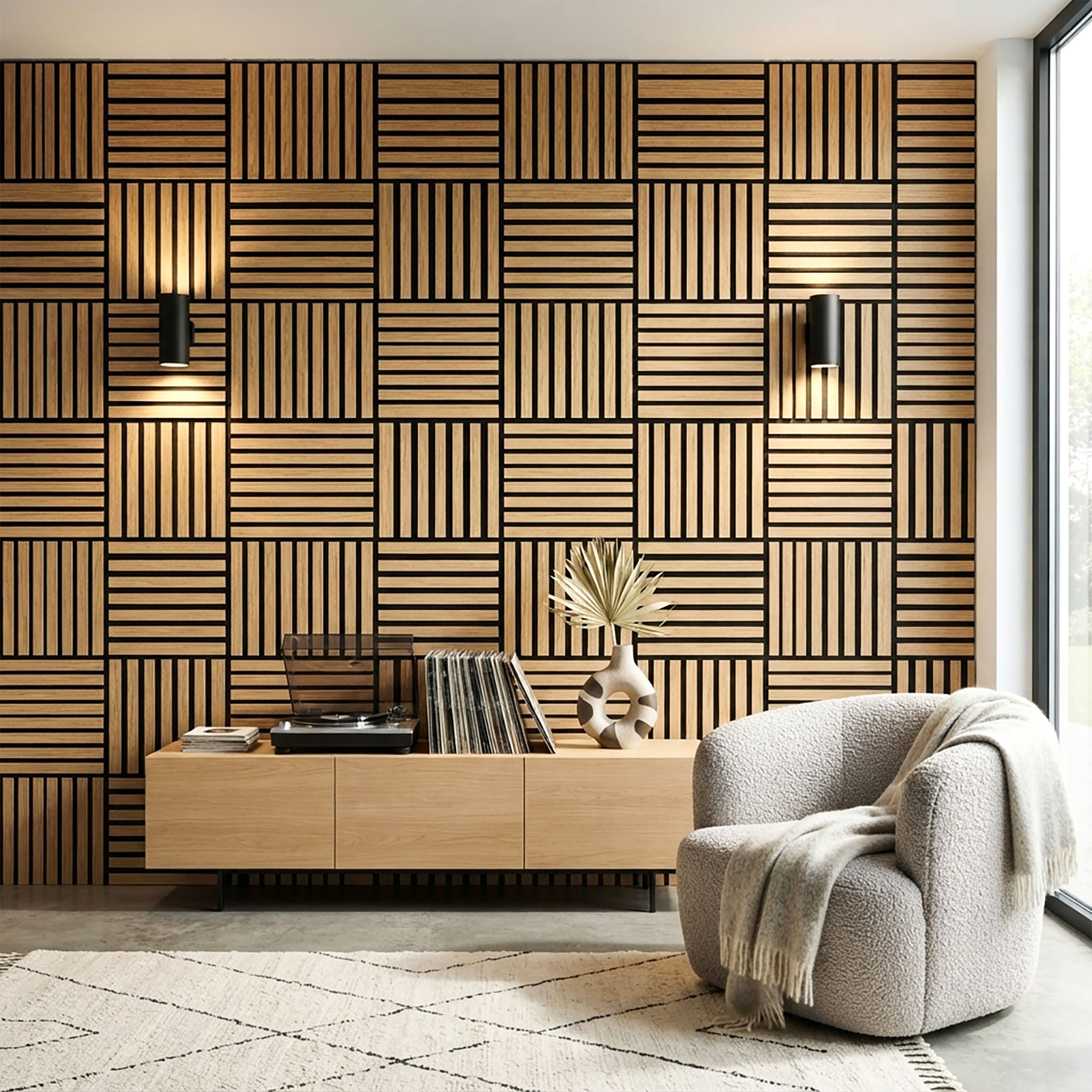 Akustikpaneele quadratisch in heller Holzoptik natur hell 30 x 30 cm als Schallabsorber - 4er Set - Deko Schallschutz Wandvertäfelung für 0,36 m²