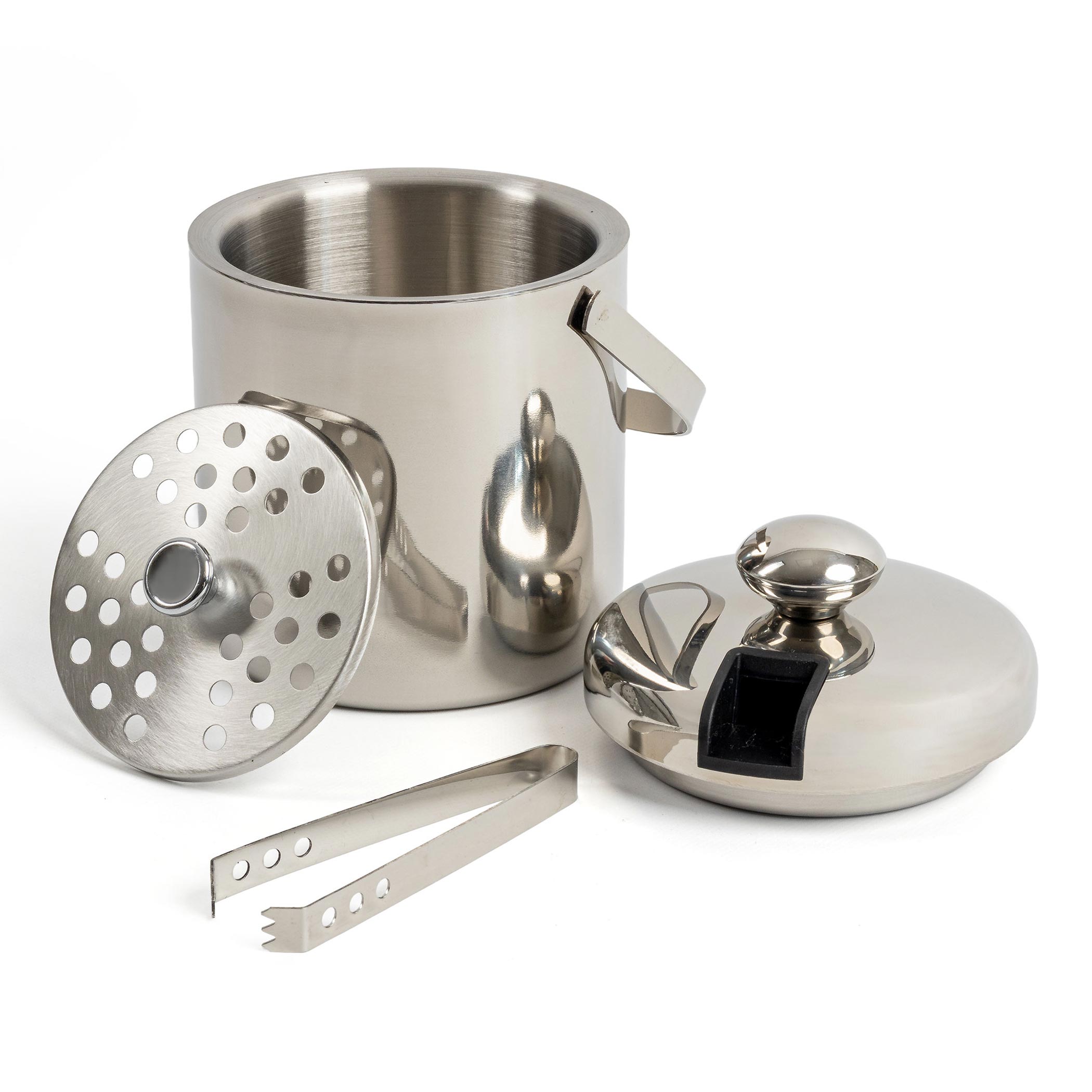 Edelstahl Eiskühler mit Deckel und Eiswürfelzange - 20 x 15 cm - Metall Eiswürfelbehälter mit Tragegriff
