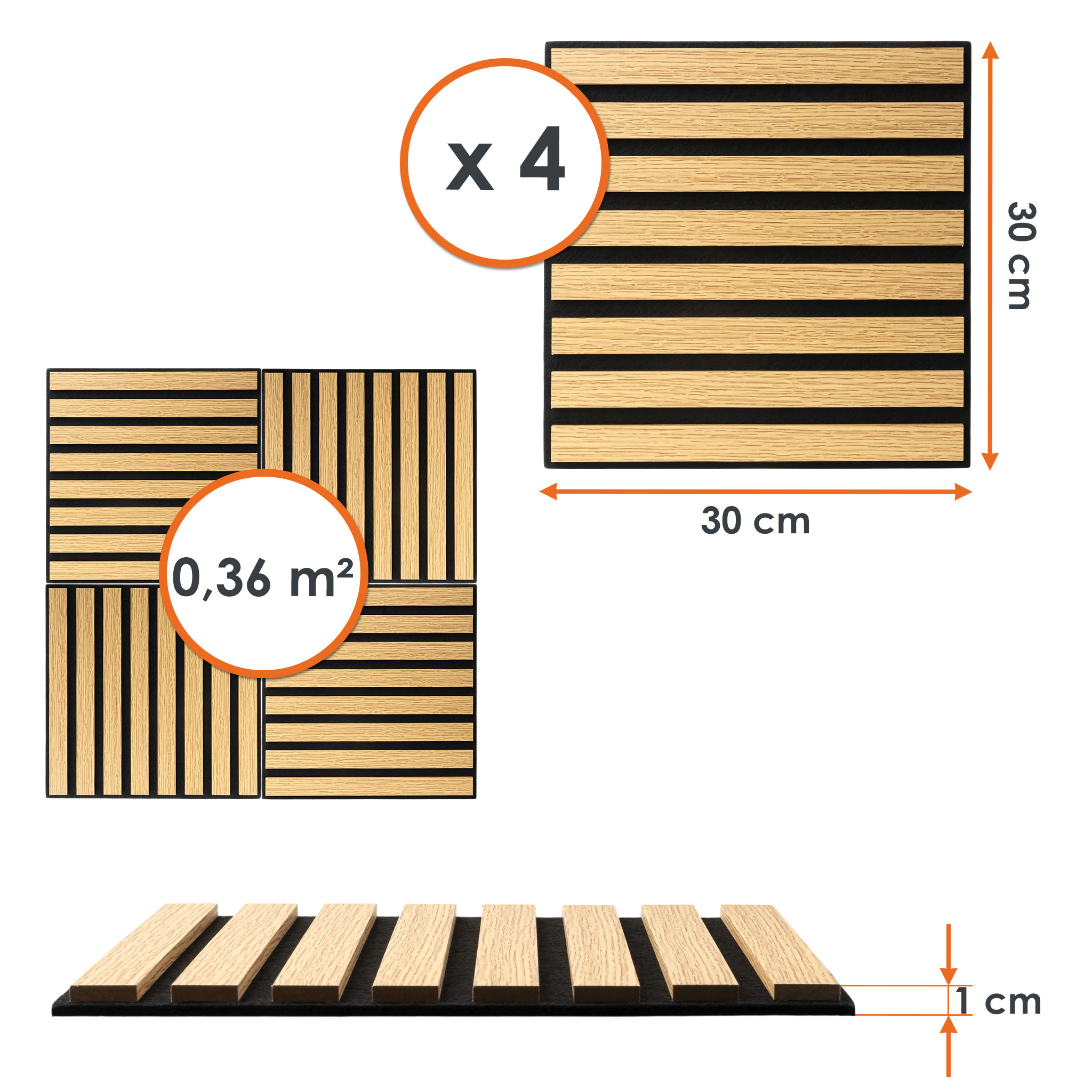 Akustikpaneele quadratisch in heller Holzoptik natur hell 30 x 30 cm als Schallabsorber - 4er Set - Deko Schallschutz Wandvertäfelung für 0,36 m²