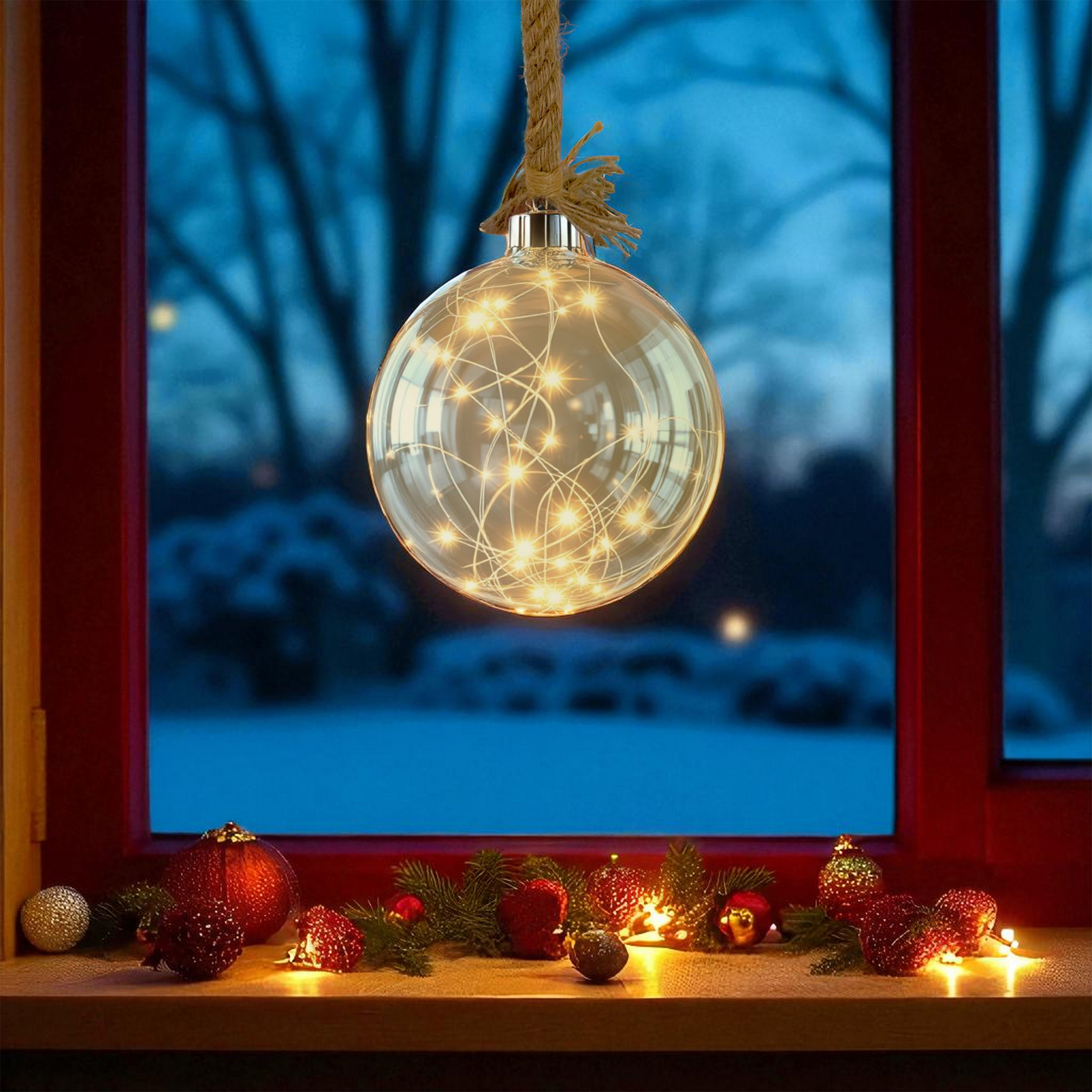 LED Glaskugel mit Tau zum Hängen mit Timer - Ø 14 cm - Dekohänger warm weiß beleuchtet Batterie betrieben