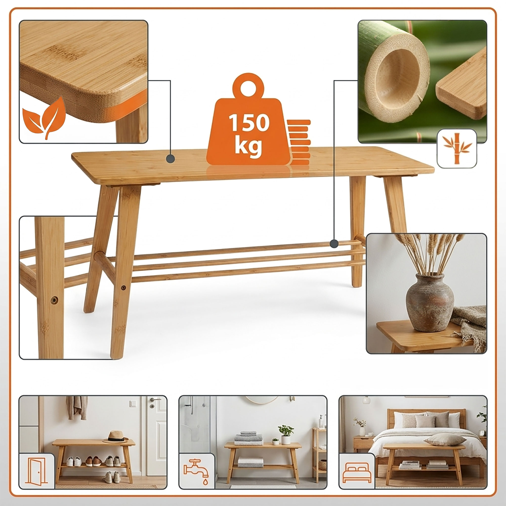 Schuhbank aus Bambus Holz mit integrierter Ablage - 80 x 40 cm - Massivholz Sitzbank mit Schuhablage