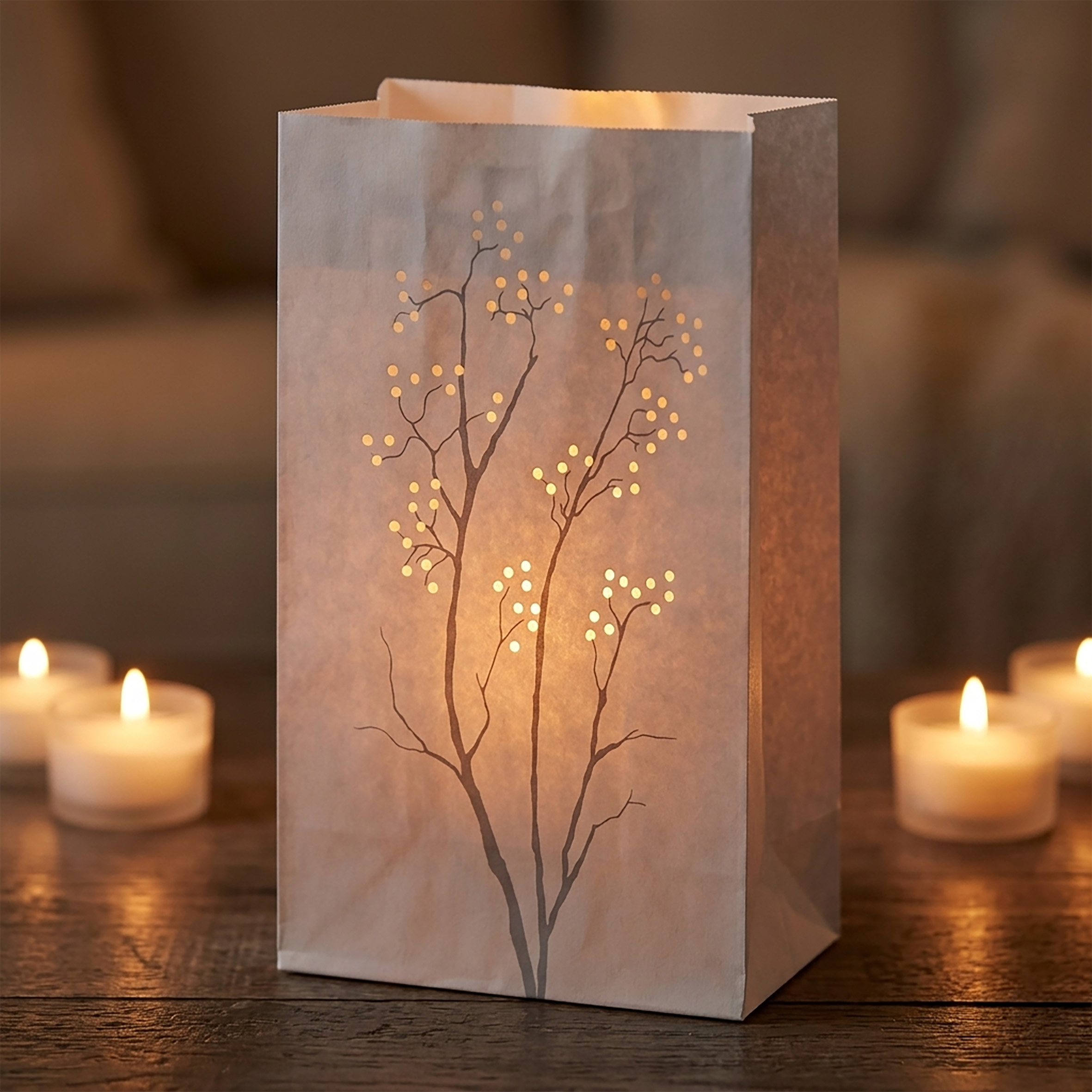 Lichtertüten Set inklusive 16 Teelichter mit 10 Stunden Brenndauer - 26 x 15 cm - Papierlaternen mit Strauch-Motiv Deko für Garten, Balkon oder Hochzeit