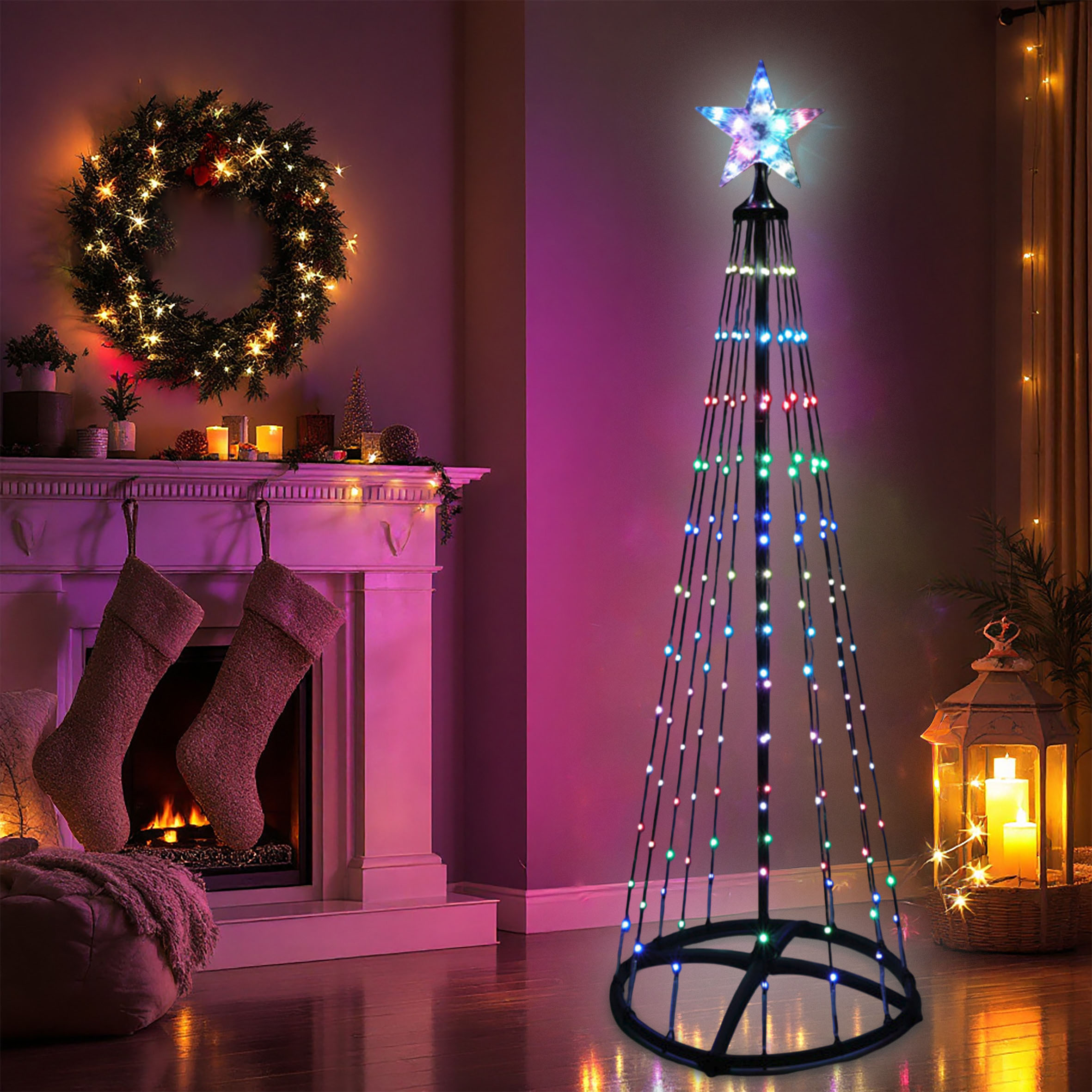 Lichterbaum mit Stern Spitze 150 cm für Außen mit Fernbedienung und Timer - 154 LED - Metall Weihnachtsbaum in schwarz multicolor - Farbe per Fernbedienung wählbar