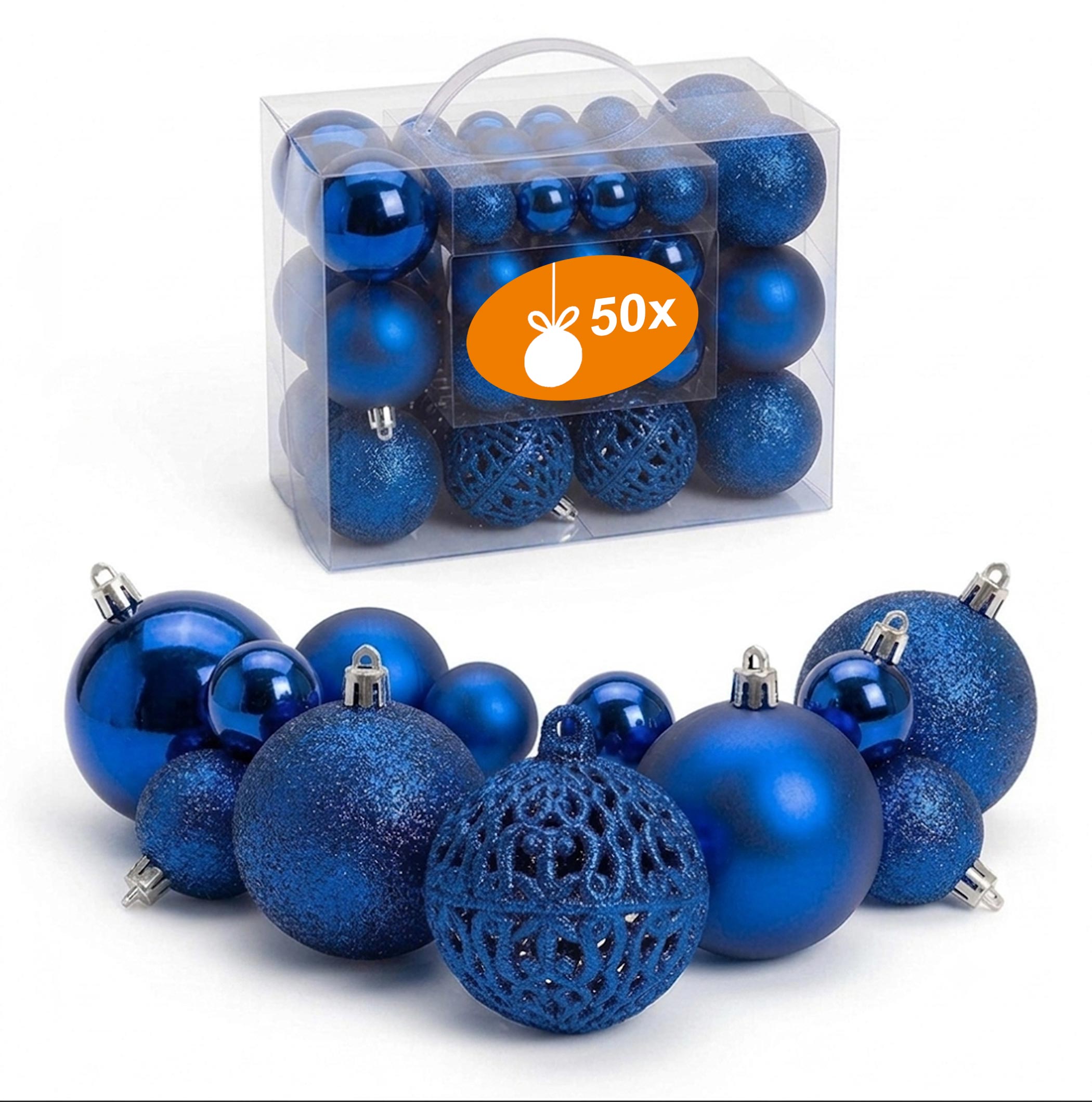 Kunststoff Christbaumkugel Set 50-teilig bruchsicher - blau - Design Weihnachtskugeln inklusive Metall Haken